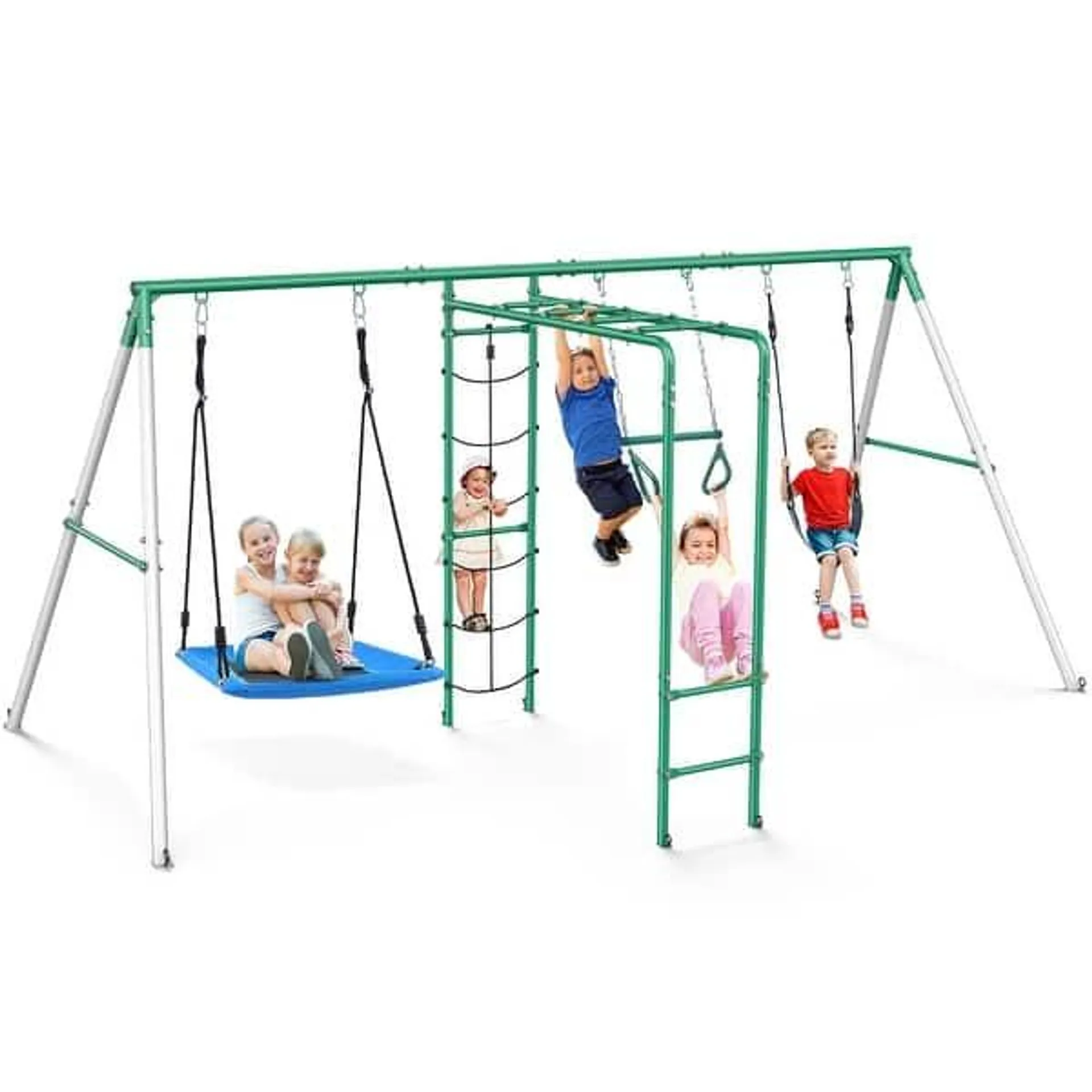 Hapfan Swing Sets for Backyard with Belt Swing, Platform Swing,Trapeze Bar,Monkey Bar,Climbing Net