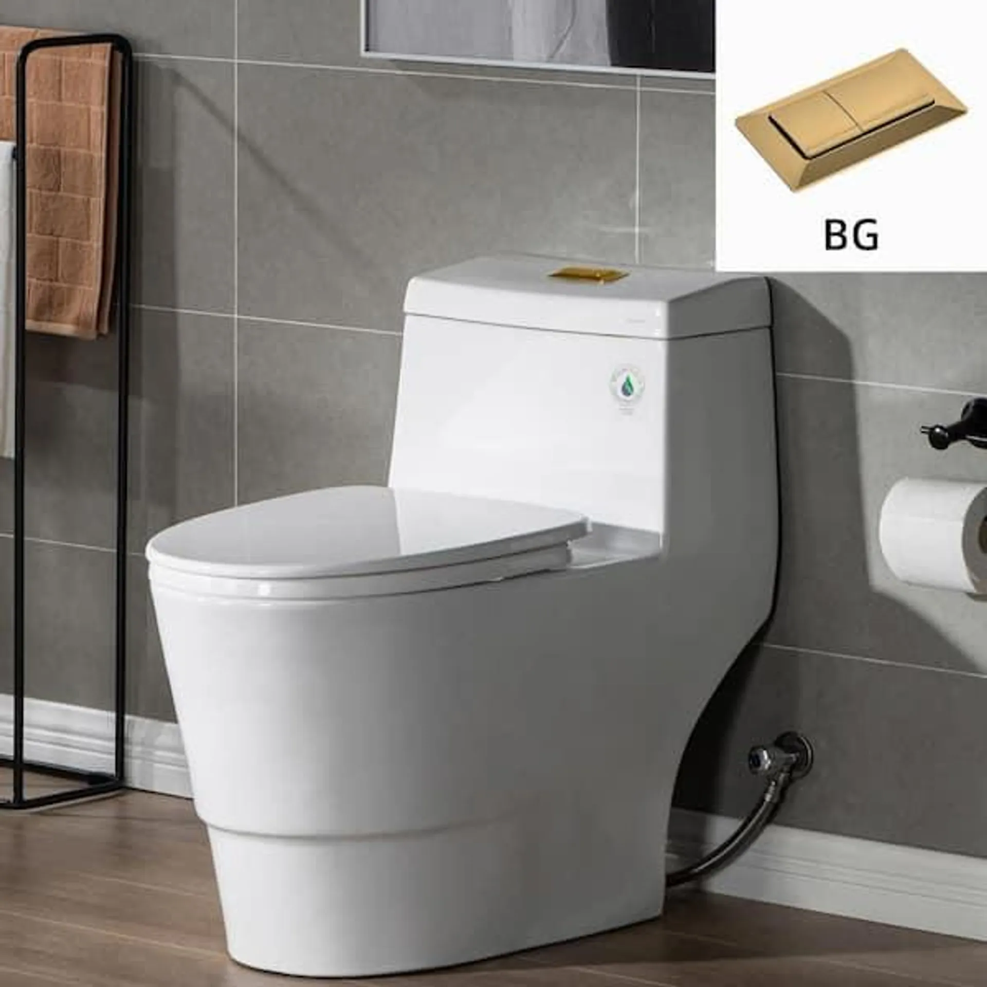 Everette 1-piece 1.1/1.6 GPF Dual Flush Elongated Toilet in White with Seat Included and Brushed Gold Flush Button