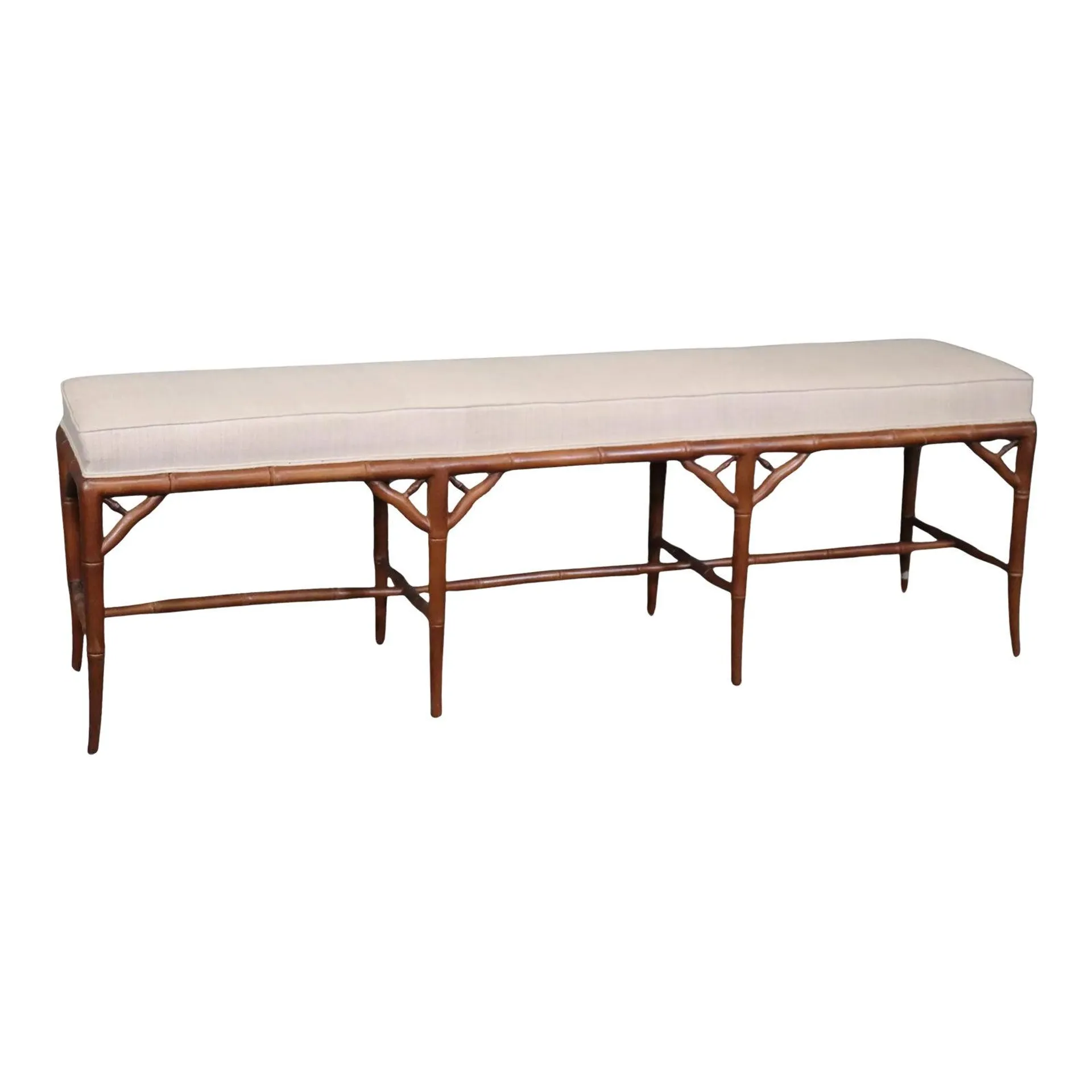 Chippendale Faux Bamboo Linen Upholstered Window Bench