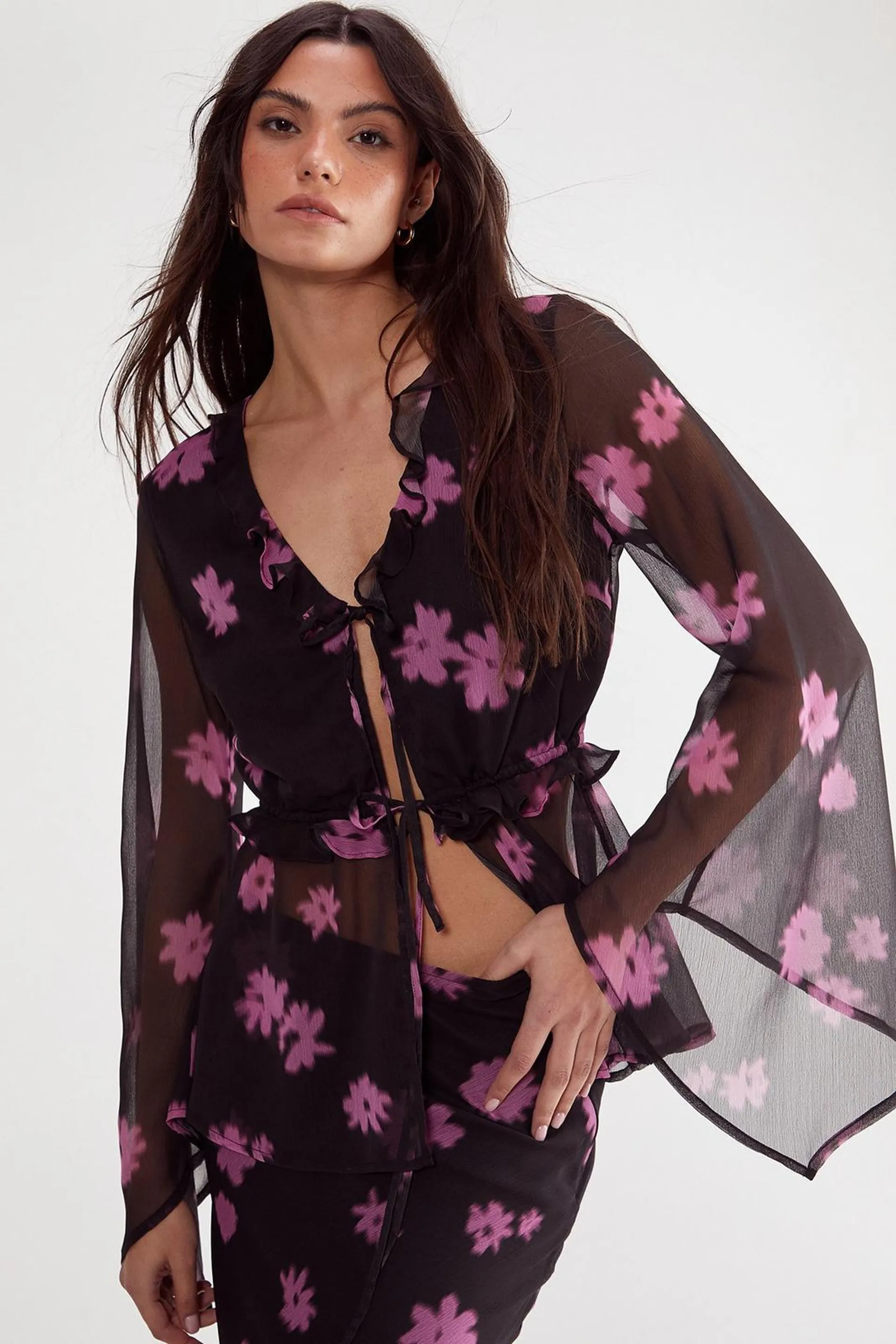 Ditsy Chiffon Ruffle Tie Front Fluted Sleeve Top