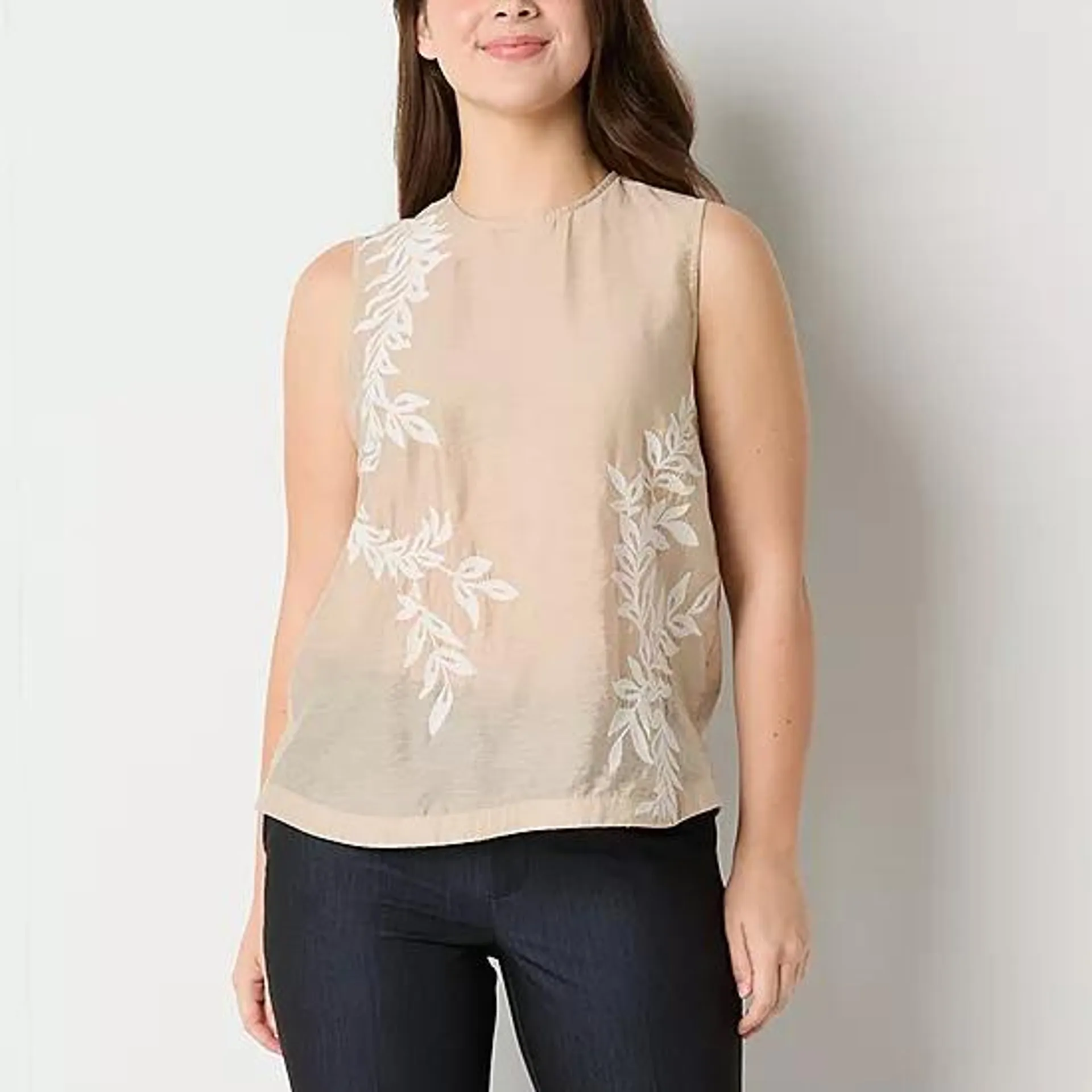 new! Worthington Embroidered Womens Round Neck Sleeveless Shell