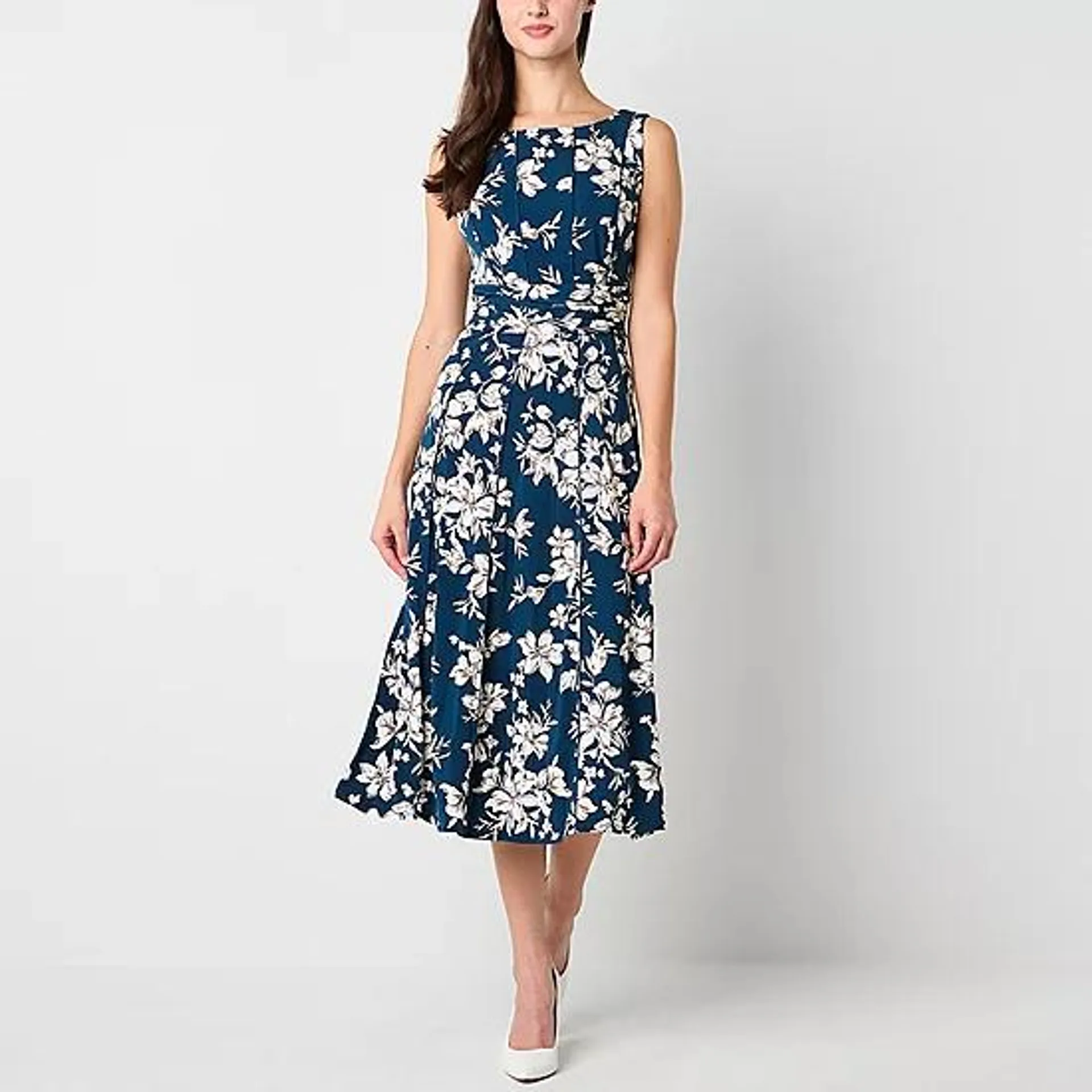 new! Perceptions Womens Sleeveless Floral Puff Print Midi Fit + Flare Dress