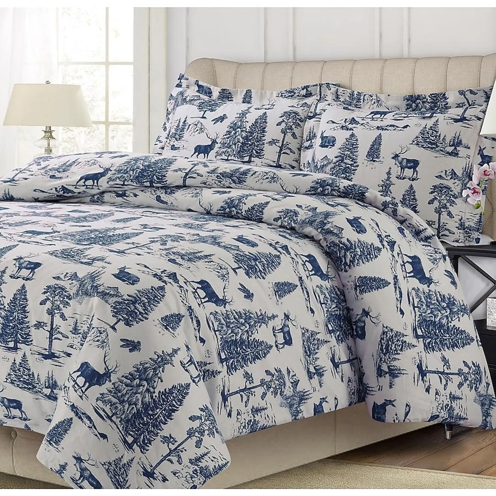 TRIBECA LIVING 200-GSM Printed Flannel Duvets Navy Blue Toile King Duvet Cover Cotton