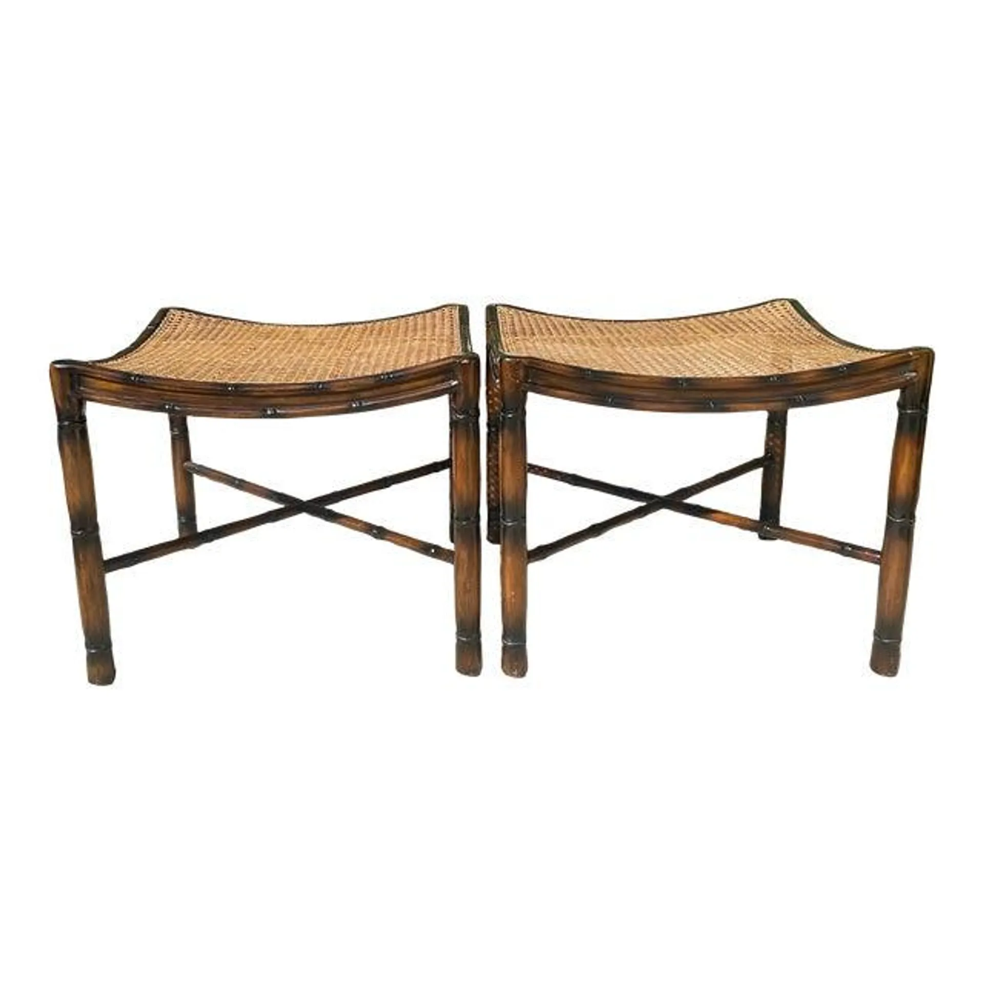 Regency Style Faux Bamboo Caned & Curved Ottoman Stools - a Pair