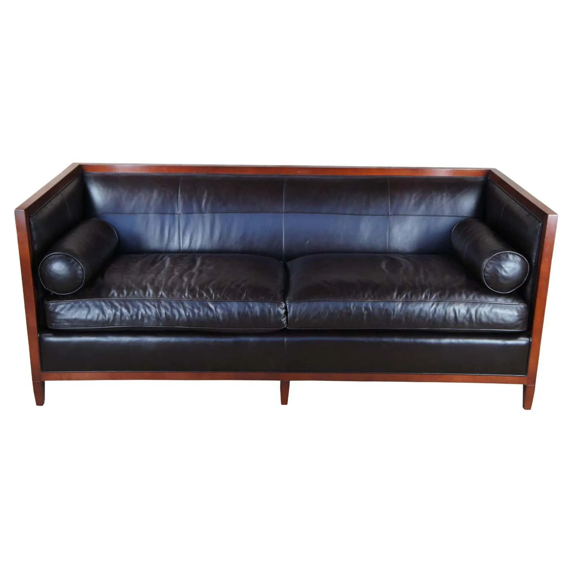 Baker Furniture Archetype Maple Wood Banded Brown Leather Modern Sofa 6370-78