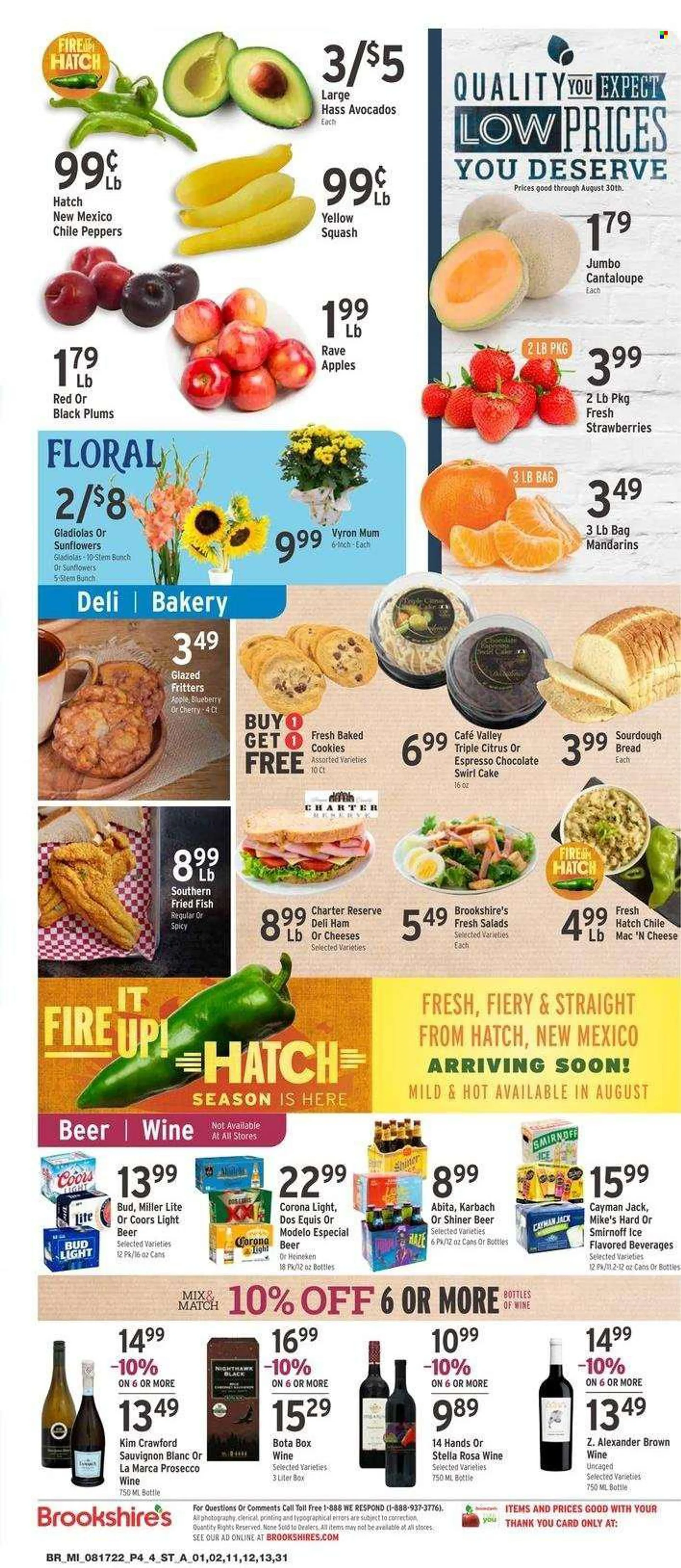Brookshires Flyer - 08/17/2022 - 08/23/2022 - Sales products - bread, cake, sourdough bread, cantaloupe, peppers, yellow squash, apples, avocado, mandarines, plums, fish, fried fish, ham, cheese, cookies, chocolate, white wine, prosecco, Sauvignon Blanc, 