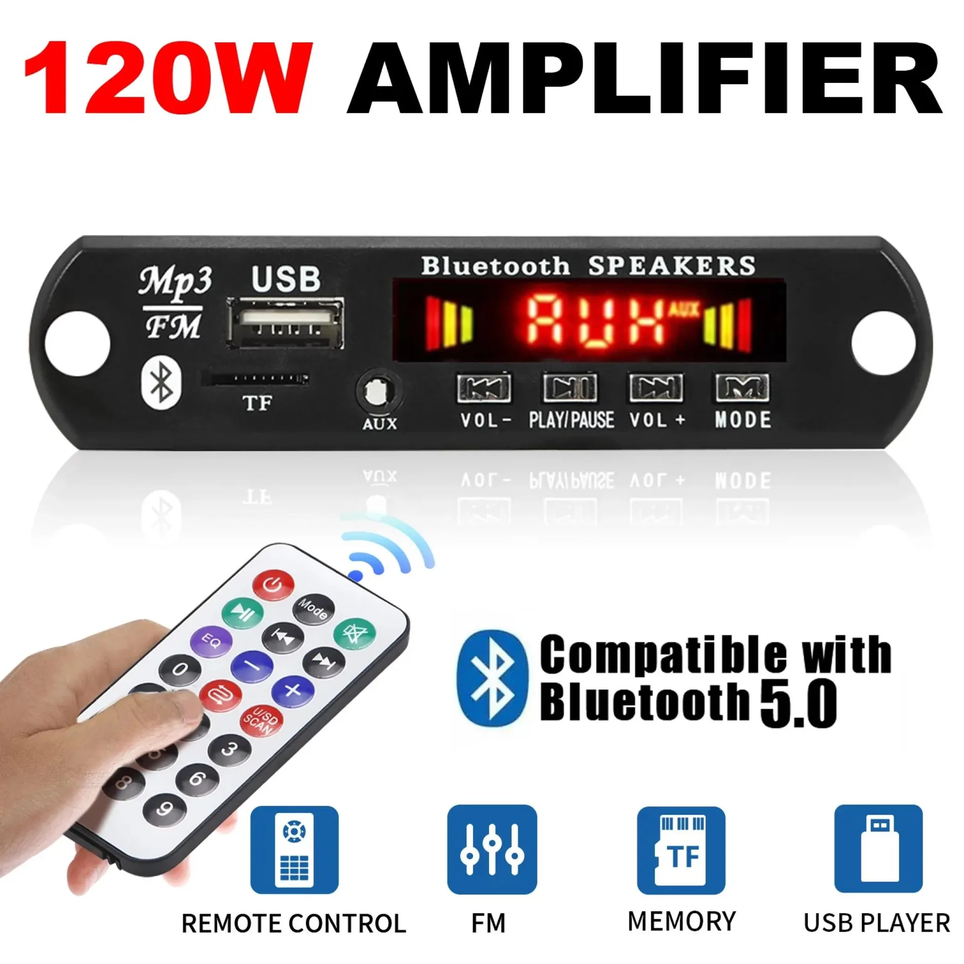 Amplificador de 12 V y 120 W con Bluetooth 5.0, placa decodificadora MP3, WMA, APE, CC de 12 V, manos libres, audio para coche, USB, TF, radio FM, reproductor de música Mp3, altavoz