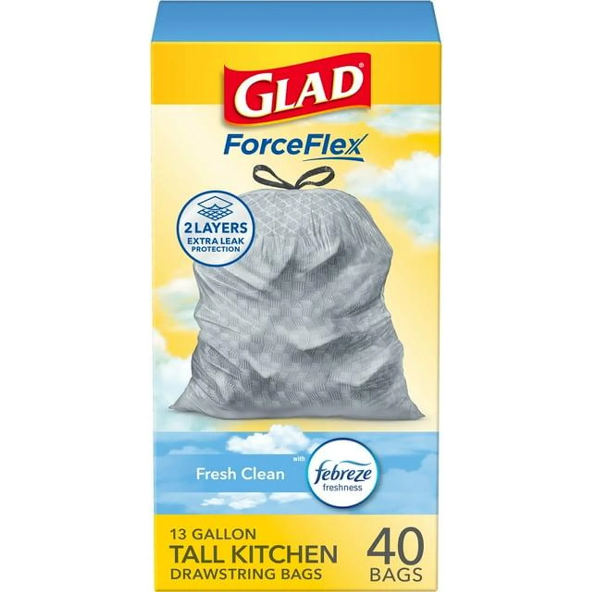 Glad ForceFlex Tall Kitchen Trash Bags, 13 Gallon, 40 Bags (Fresh Clean Scent, Febreze Freshness)