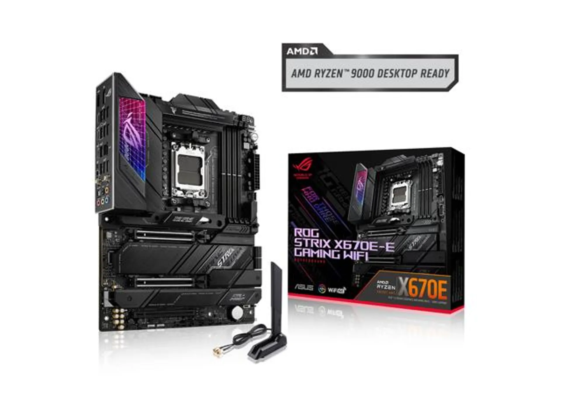 ASUS ROG STRIX X670E-E GAMING WIFI AMD X670 AM5 Ryzen Desktop 9000 8000 & 7000 ATX motherboard, 18+2 power stages, DDR5, 4x M.2 slots with heatsink, PCIe 5.0, USB 3.2 Gen 2x2, WiFi 6E, AI Cooling II