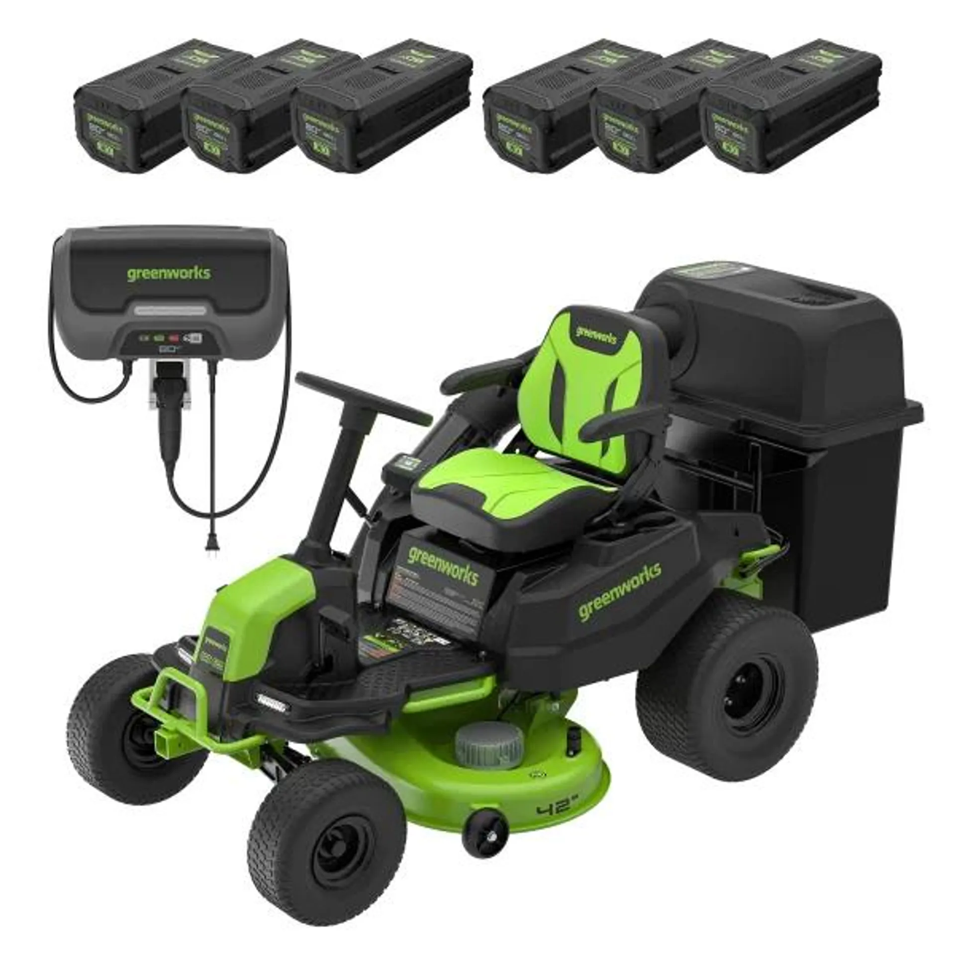Greenworks 80V 42" Ride-on Tractor Mower w/ (6) 8Ah Batteries, 1.5kW Charger, and Bagger