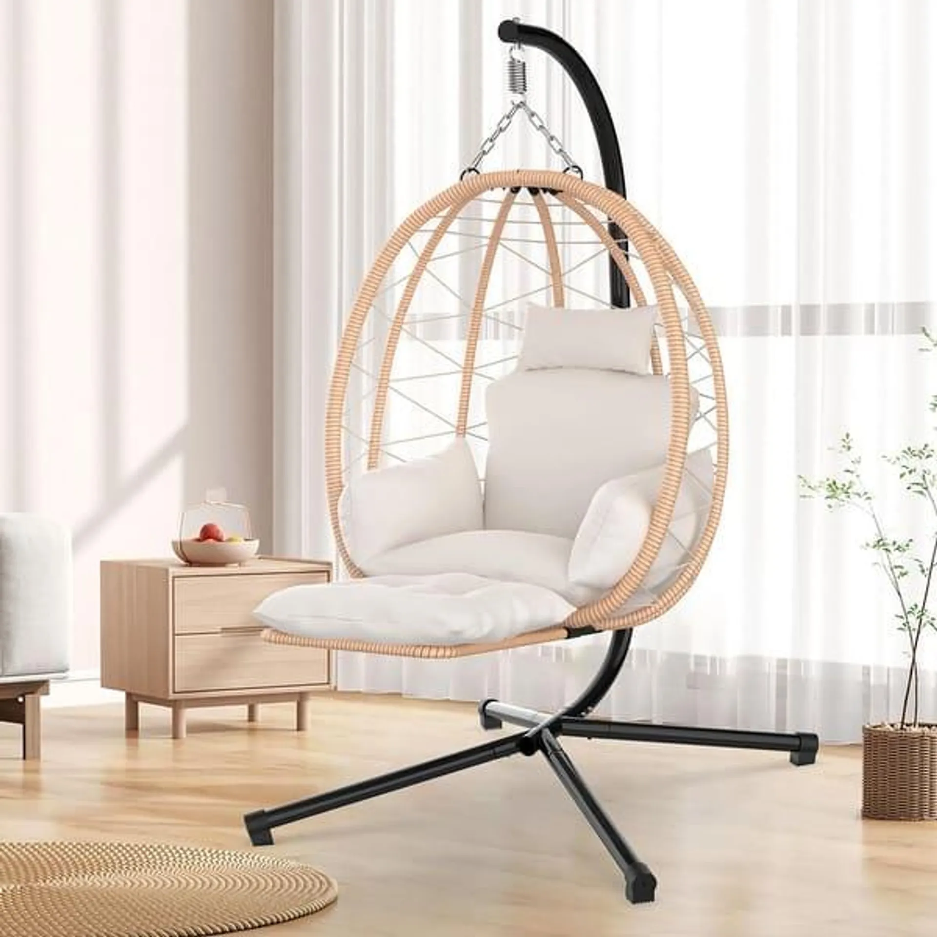 Egg Chair with Stand & Leg Rest, Rattan Wicker Swing Chair with UV Resistant Cushion and Pillow, Patio Hanging Basket Chair