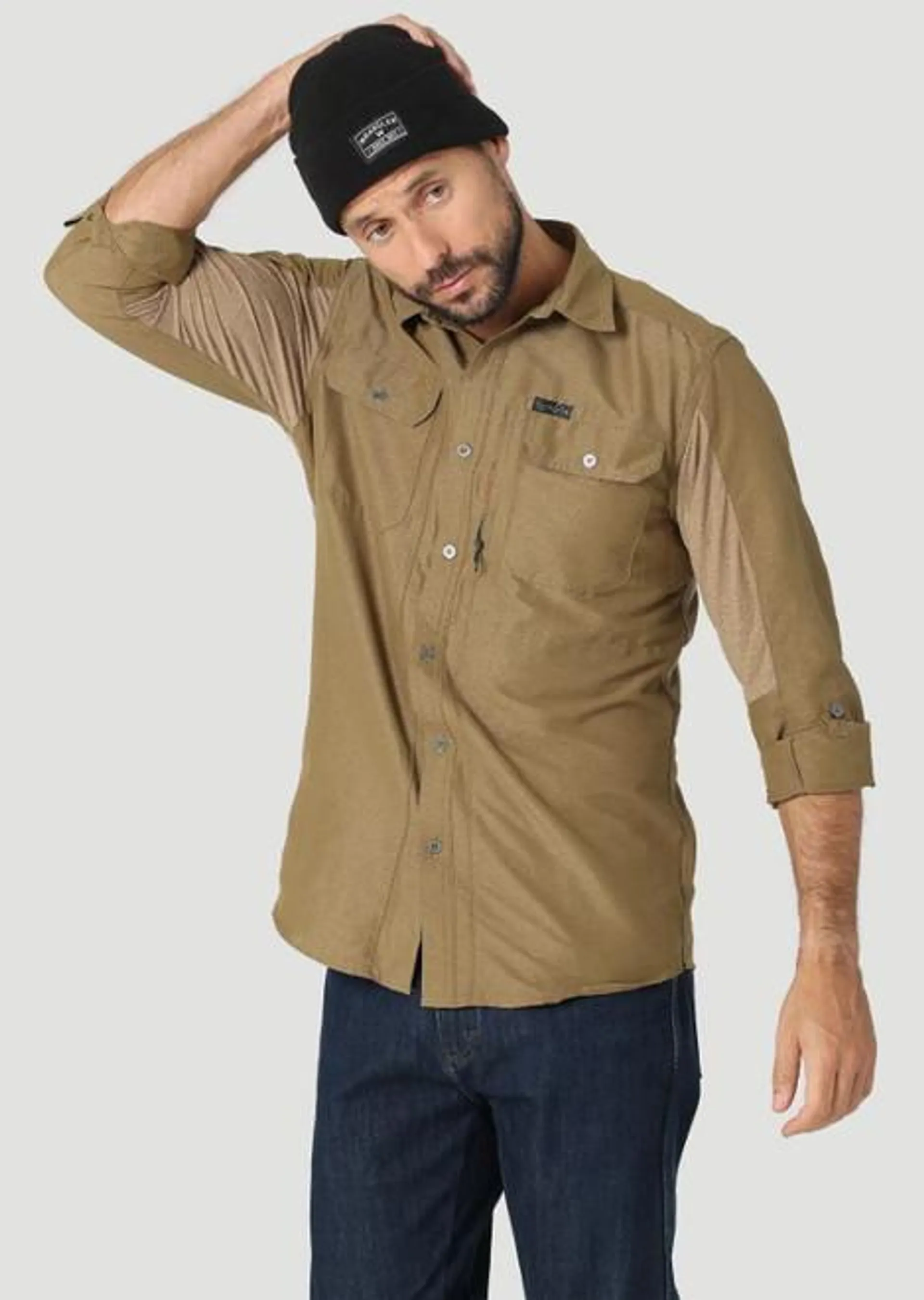 Wrangler ATG Mens Kangaroo Mix Material Long Sleeve Shirt