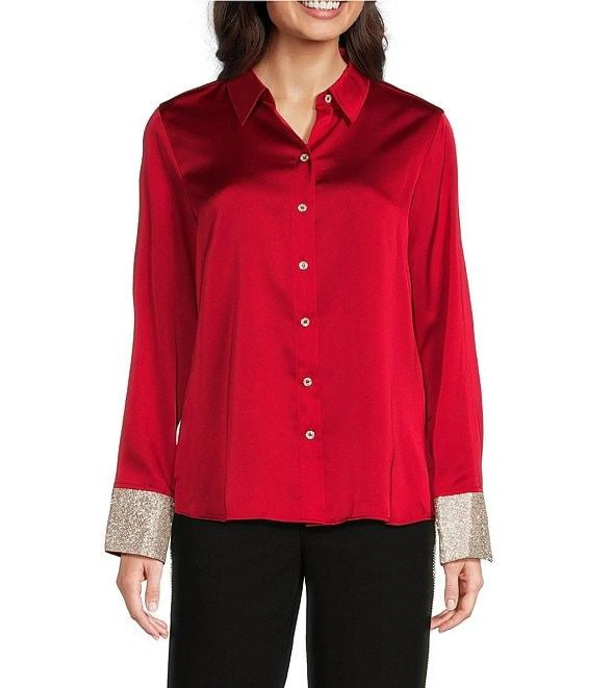 Woven Rhinestone Cuff Point Collar Button Down Top