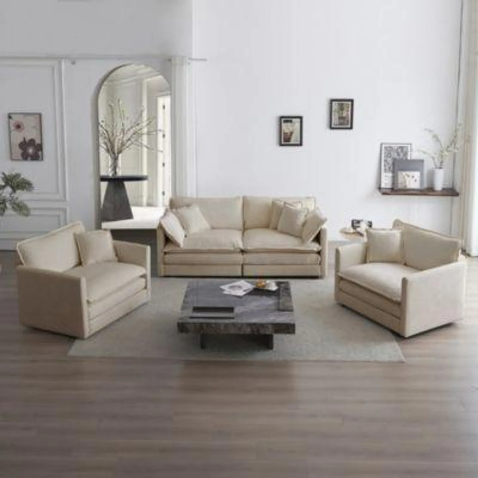 Streamdale Furniture Beige Chenille Sofa Set with Pillows and Armchairs