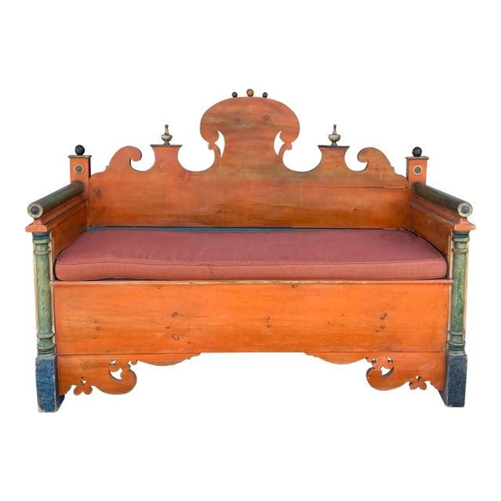 Early 20th-C. Swedish Rustic Painted Pine Bench or Settee With Storage