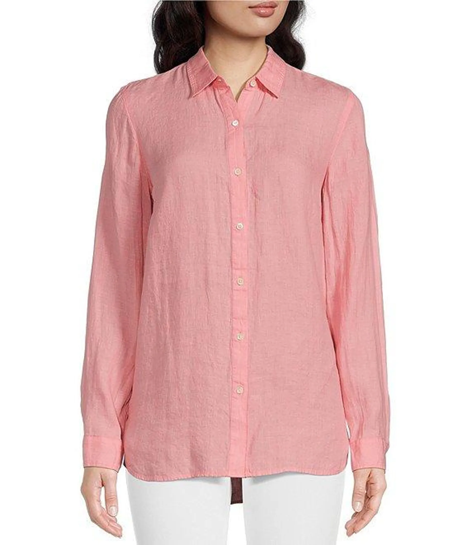 Britt Linen Point Collar Long Sleeve Button Front Blouse