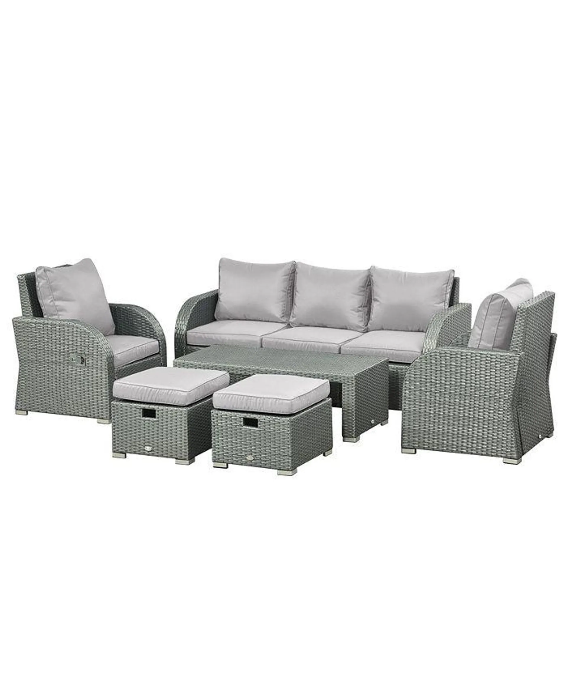 6-Piece Outdoor Rattan Patio Sectional Sofa Set with 3-Seat Couch, 2 Recliners, 2 Ottoman Footrests, & Coffee Table Conversation Set, Light Grey