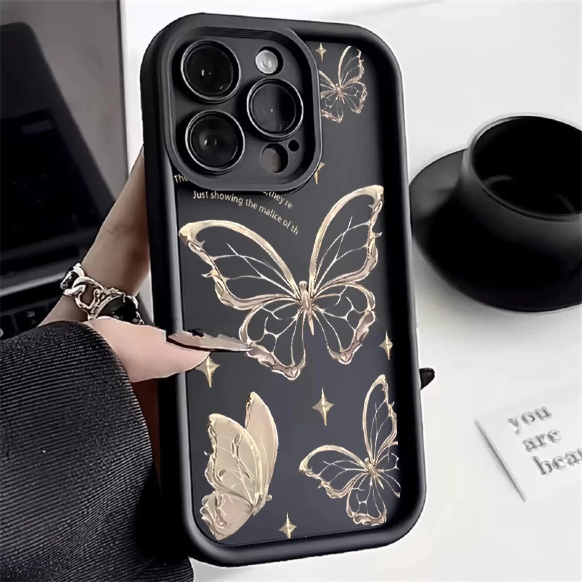 Funda de silicona con mariposa dorada para iPhone 16, 15, 14 Pro Max, iPhone 13, 12, 11 Pro Max, Mini, XS, XR, X, 7, 8 Plus, SE 2020