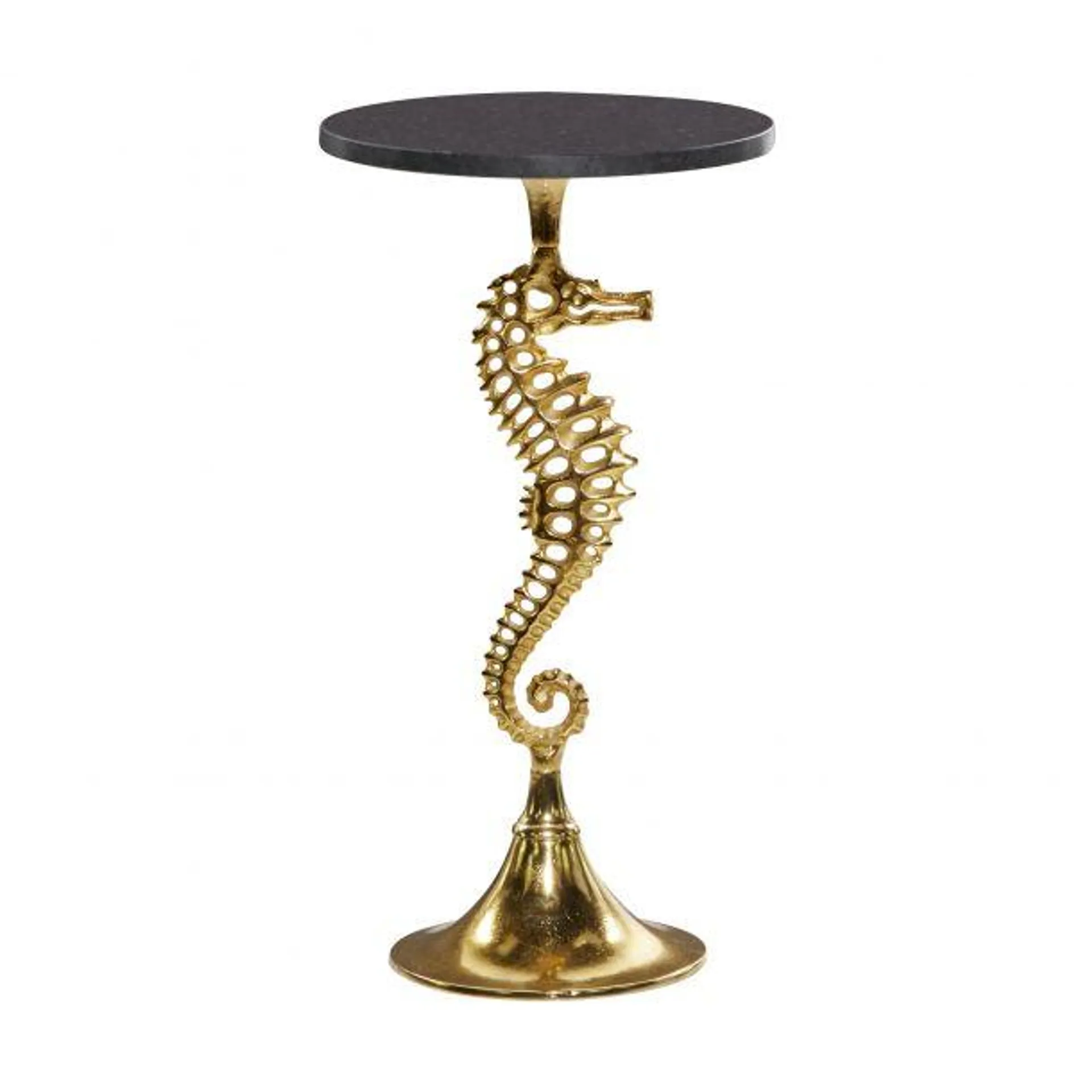 Coastal 25" Round Accent Table with Seahorse and Marble Table Top by Marisol + Daisy - Gold/Black