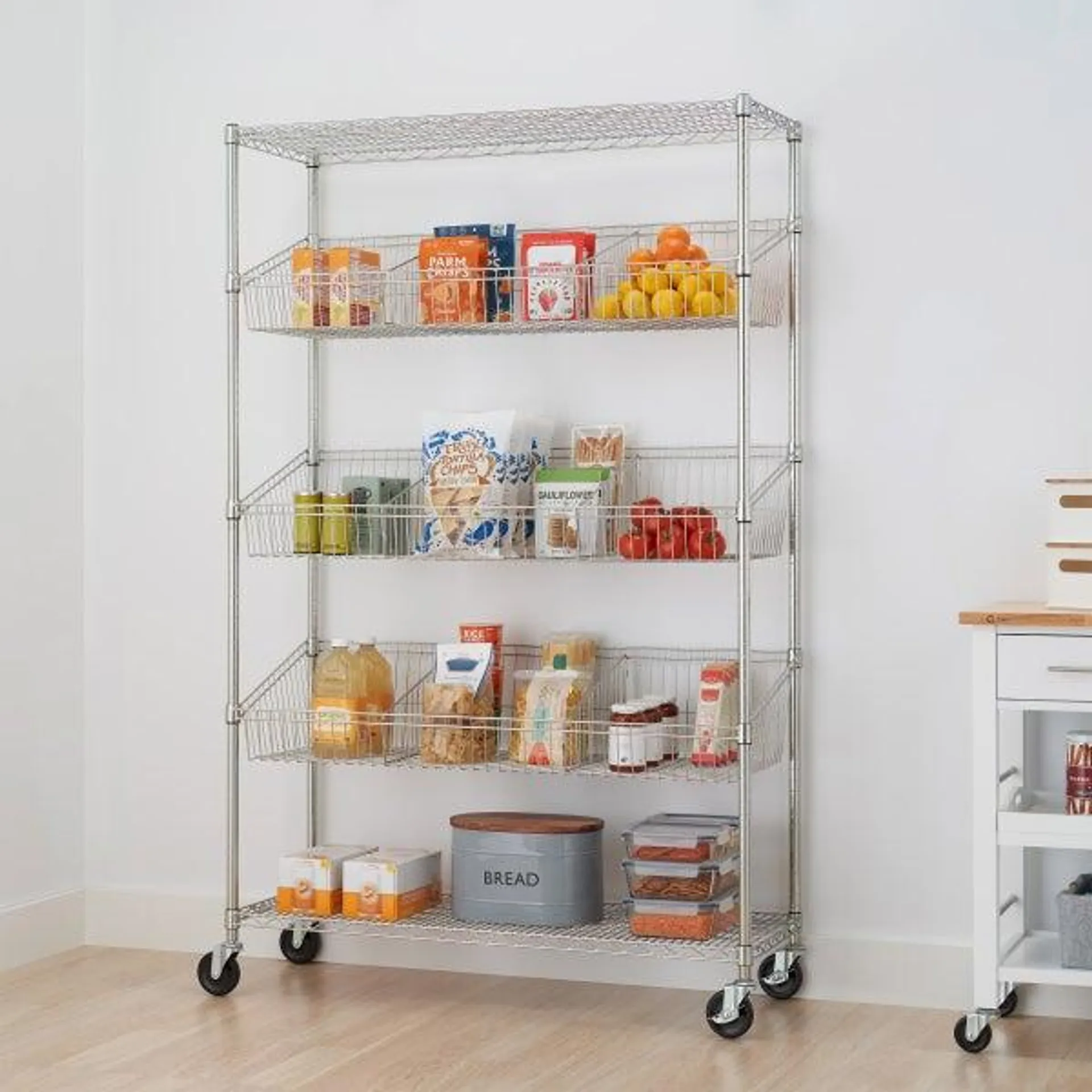 TRINITY EcoStorage 5-tier 48x18x72 Wire Shelving with Baskets & Dividers NSF Chrome