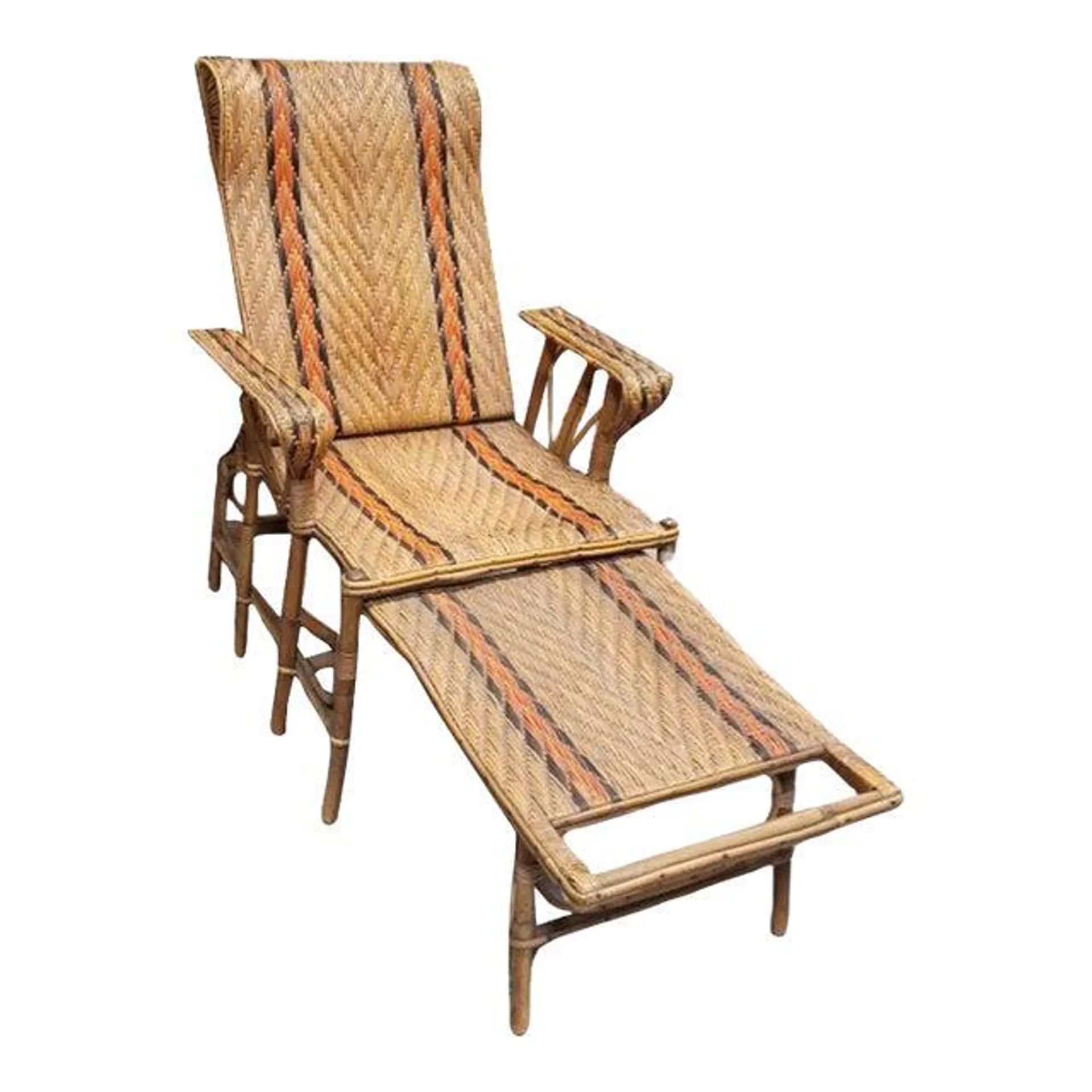 Restored Rattan Wicker French Art Deco Adjustable Chaise Lounge