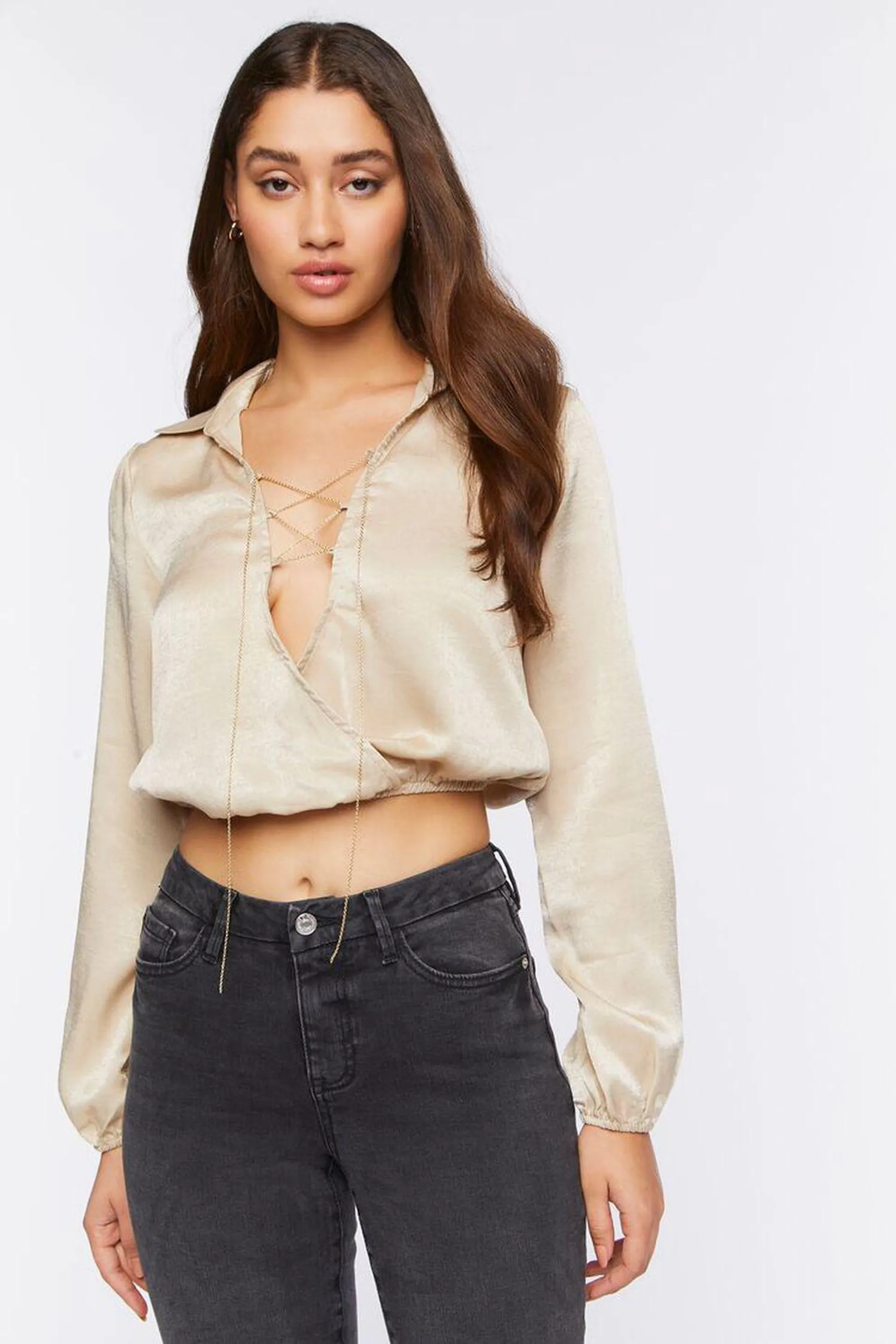 Satin Lace-Up Chain Crop Top