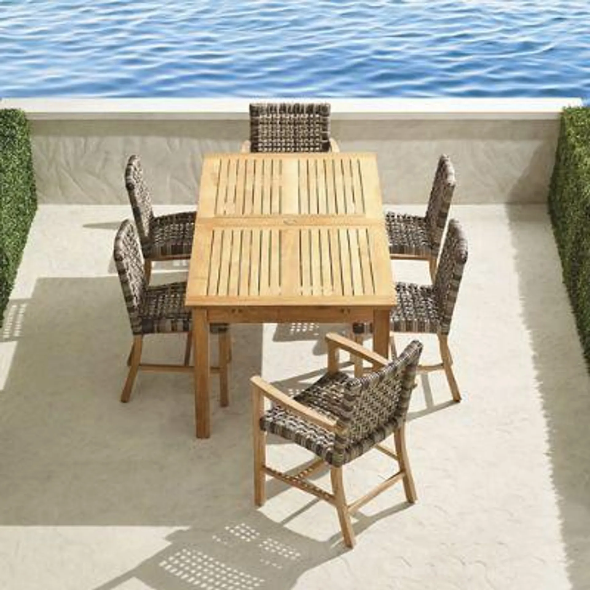 Isola 7-pc. Rectangular Dining Set in Natural Teak & Driftwood Wicker