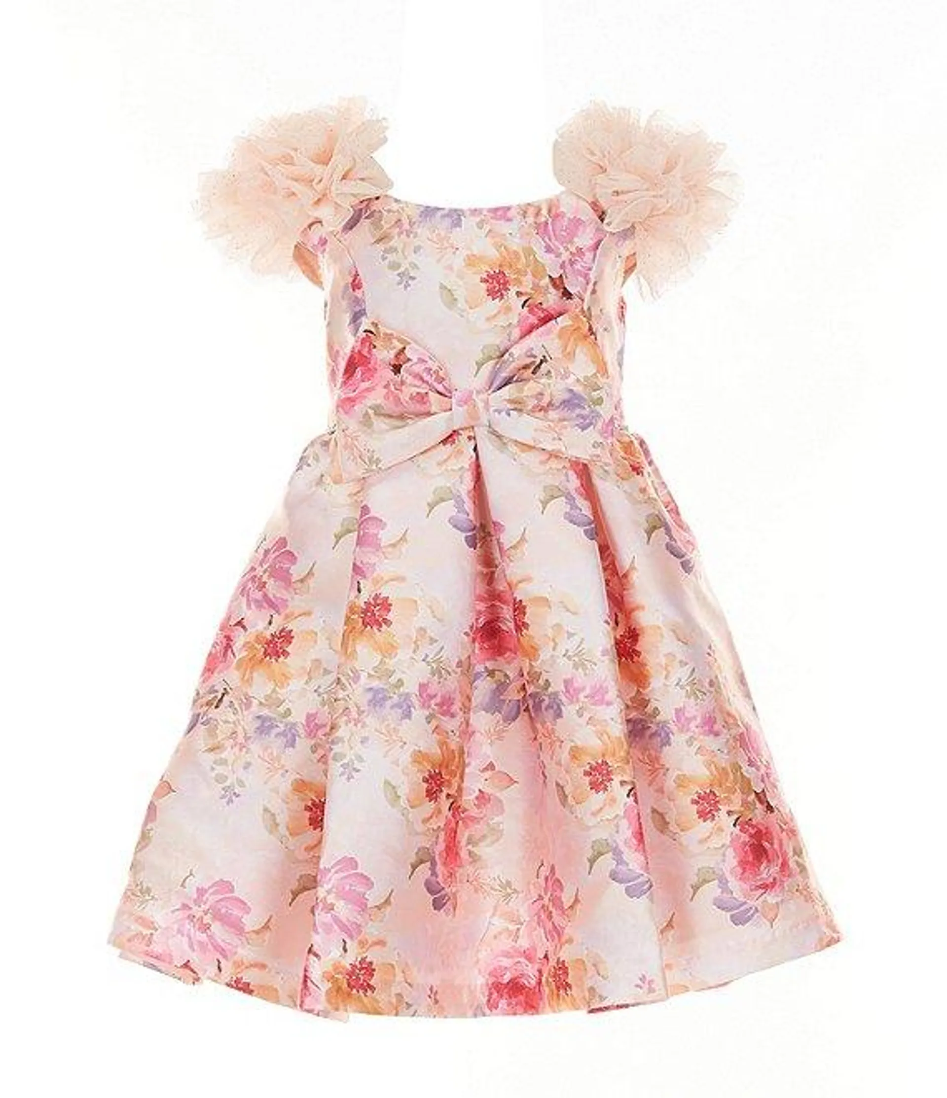 Little Girls 2T-6X Puffed Sleeve Floral Jeweled Detail Mikado Fit & Flare Dress