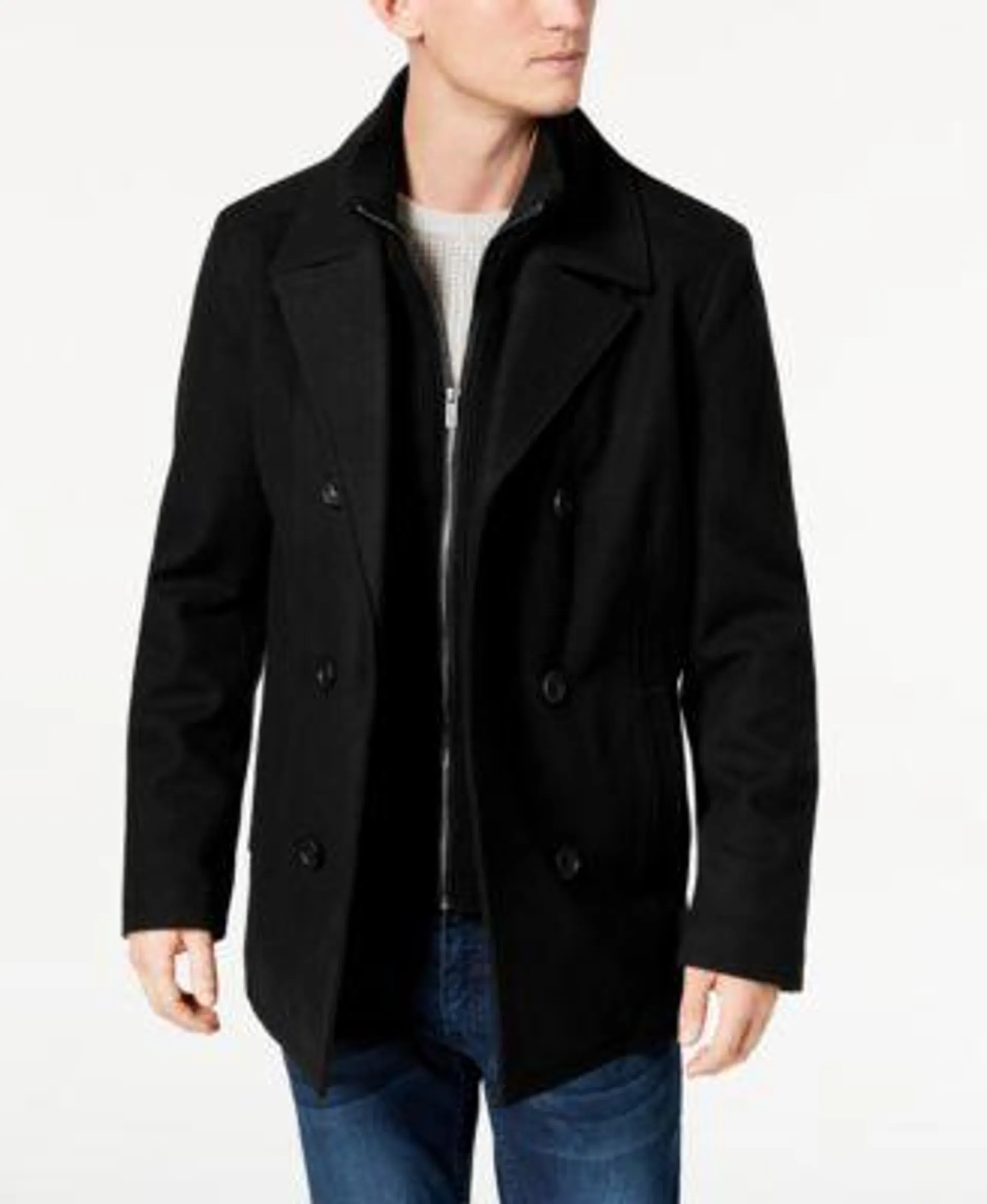 Men's Double Breasted Wool Blend Peacoat with Bib