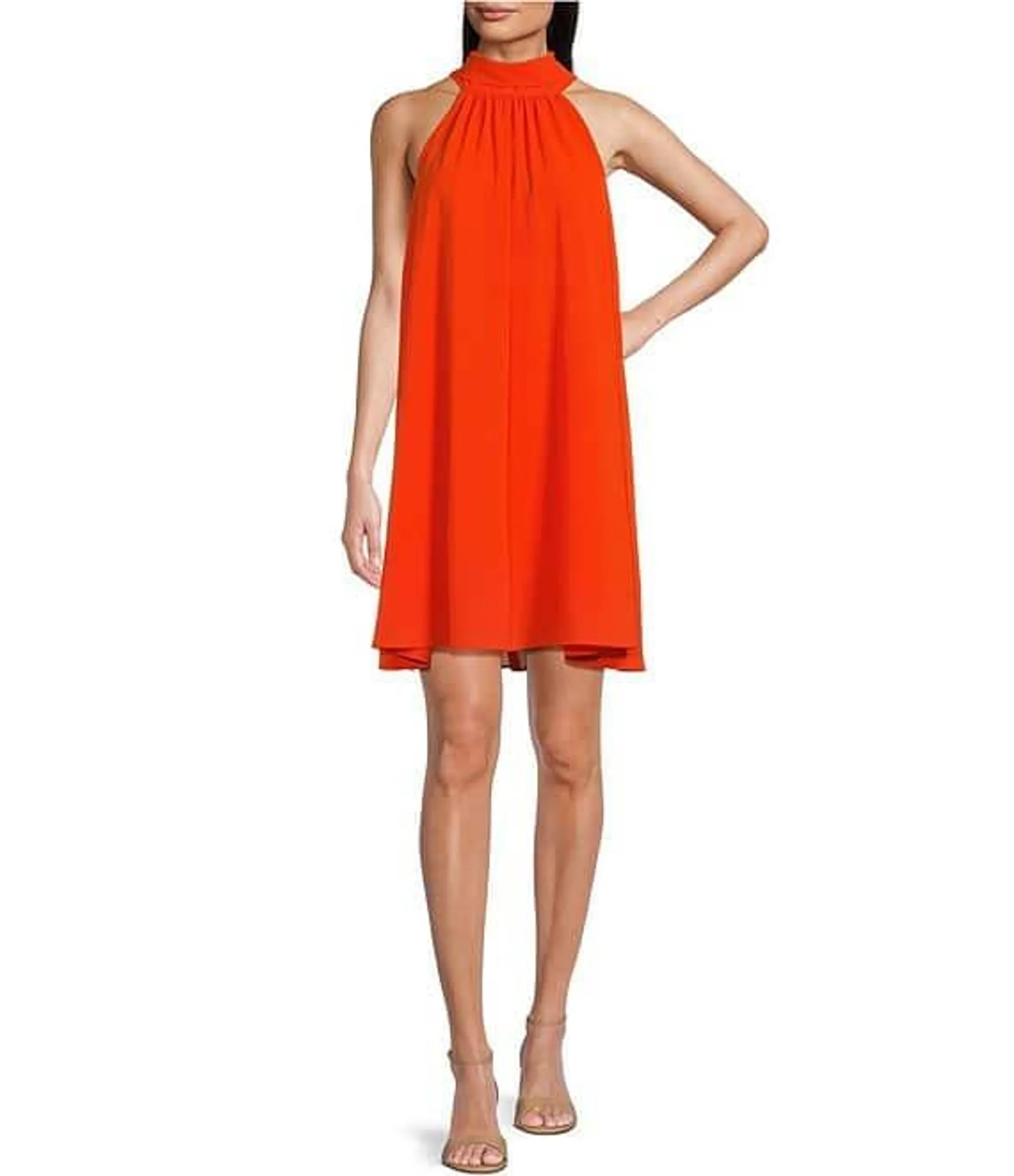 Belle by Badgley Mischka Elise Georgette Turtleneck Sleeveless Back Tie Waistless Trapeze Mini Dress