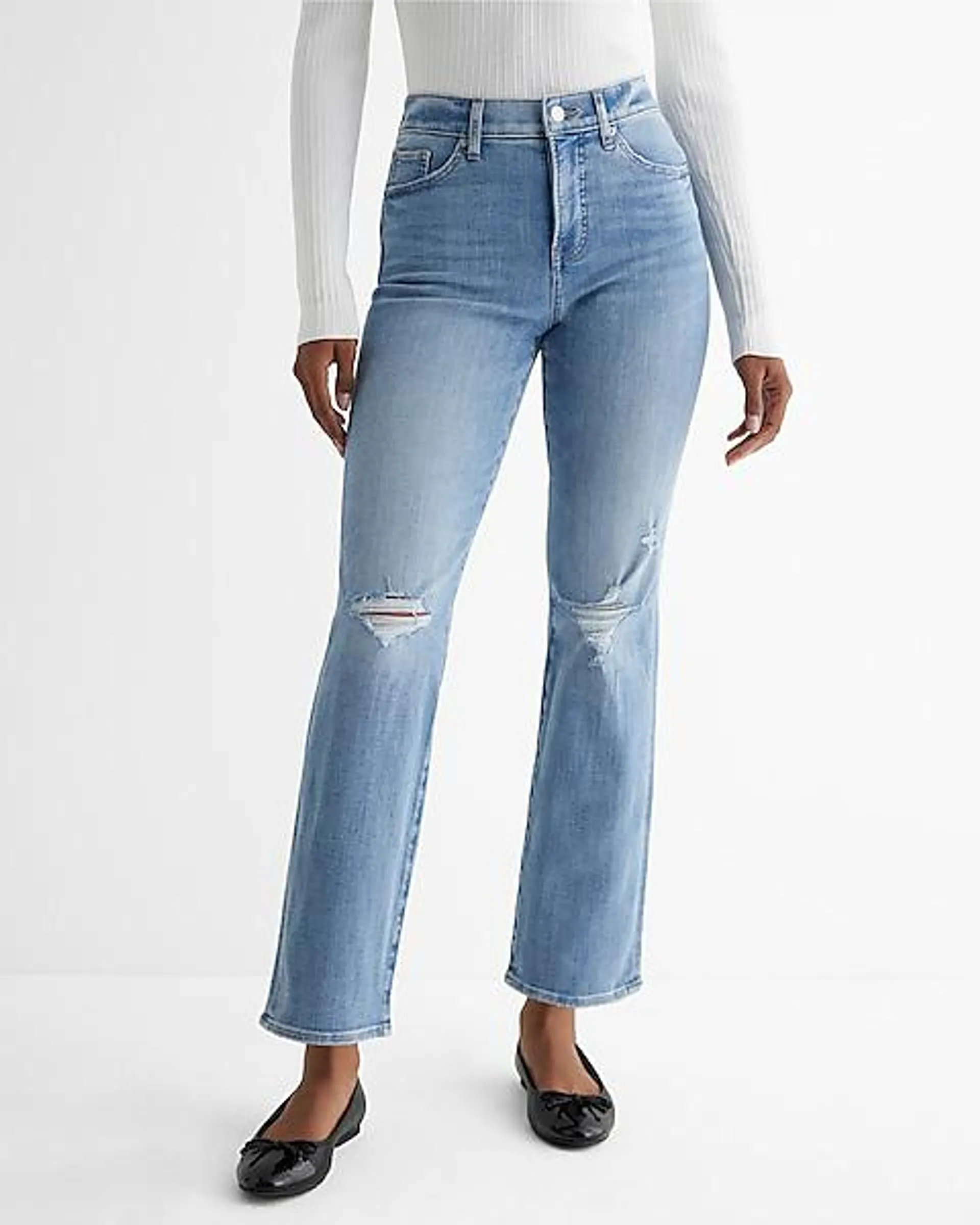 High Waisted Light Wash Ripped Straight Ankle Jeans