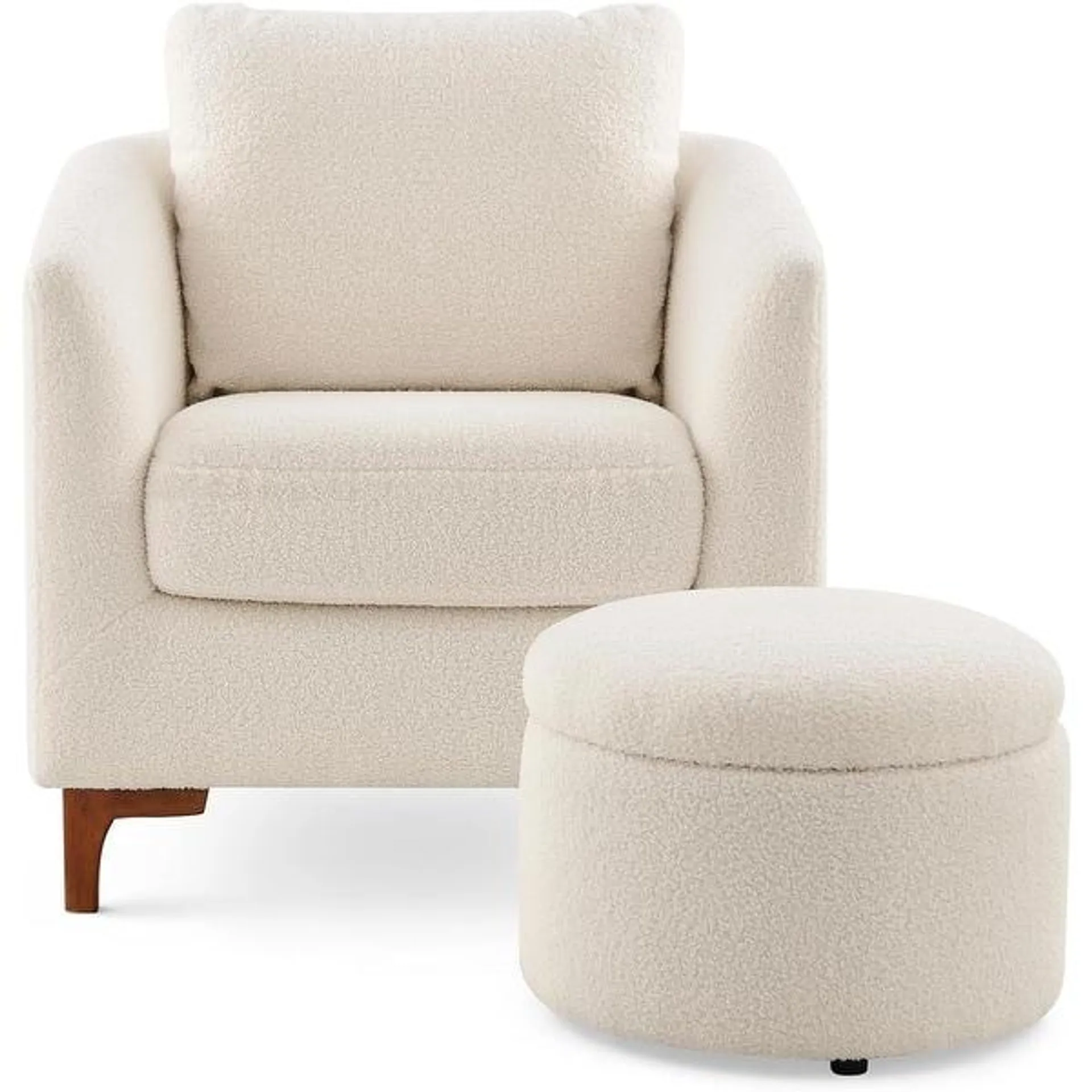 Sherpa Accent Chair with Storage Ottoman Set, Upholstered Barrel Club Arm Chair with Footrest Set of 1/2