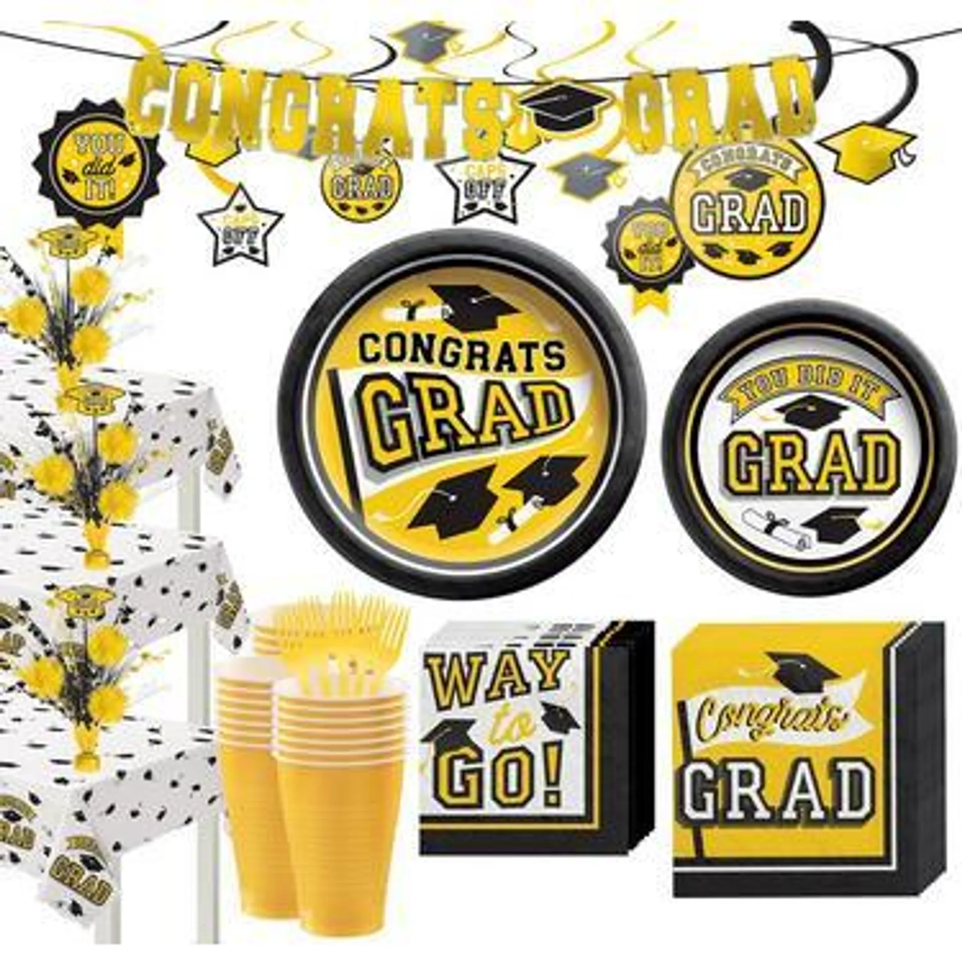 Graduation Party Supplies Kit for 60 with Decorations, Banners, Plates, Napkins, Cups - Yellow Congrats Grad