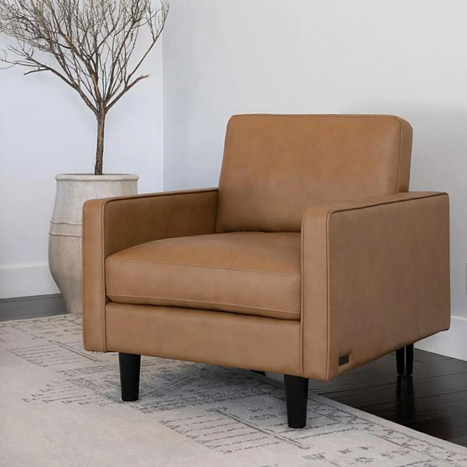 Parker Top-Grain Foam Cushion Leather Modern Armchair, Camel
