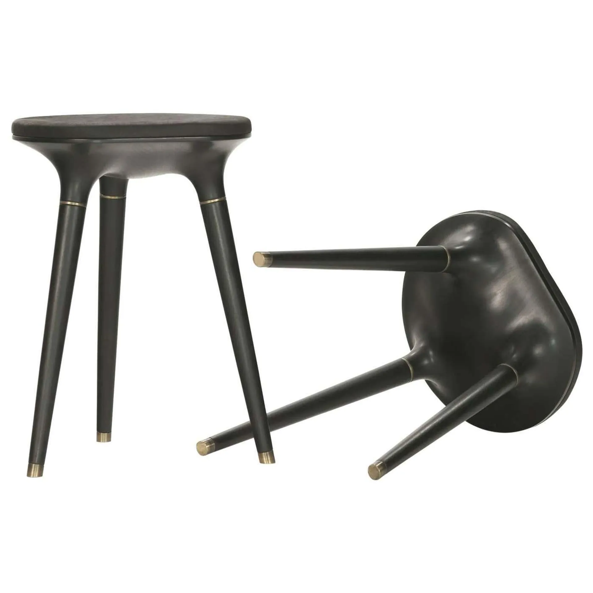 Contemporary Stool in Carved Walnut, Brass and Leather