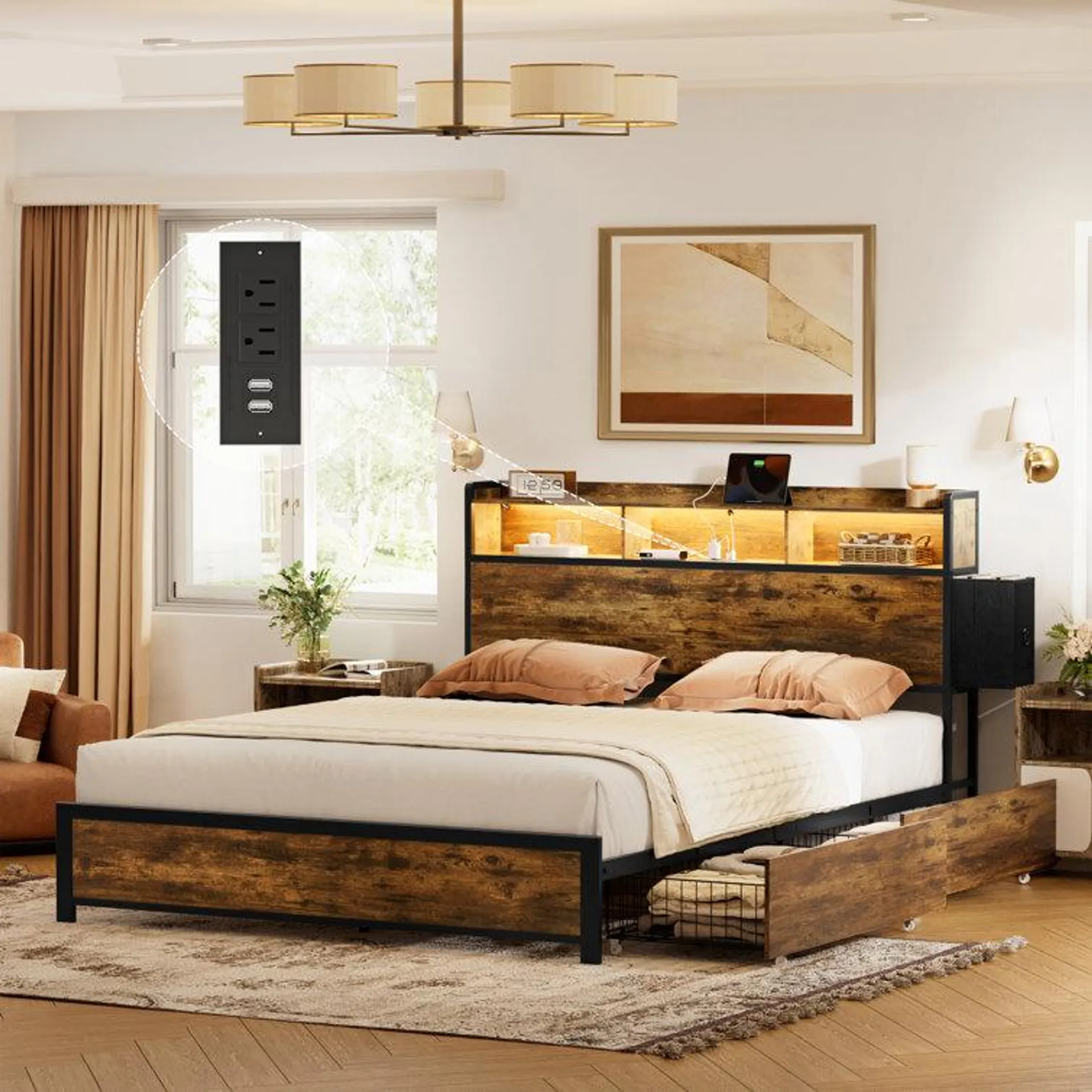 Antioch Bed Frame with 2 Underbed Drawers & 2 Bedside Drawers, Modern Bed with Charging Station & LED Light