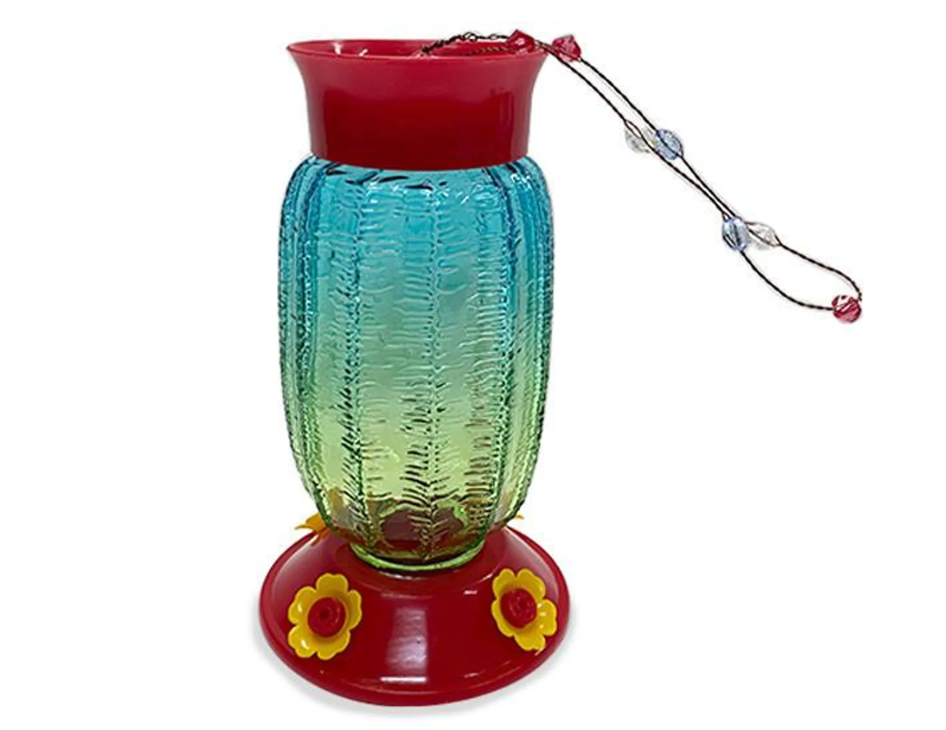 Green & Red Glass Hummingbird Feeder