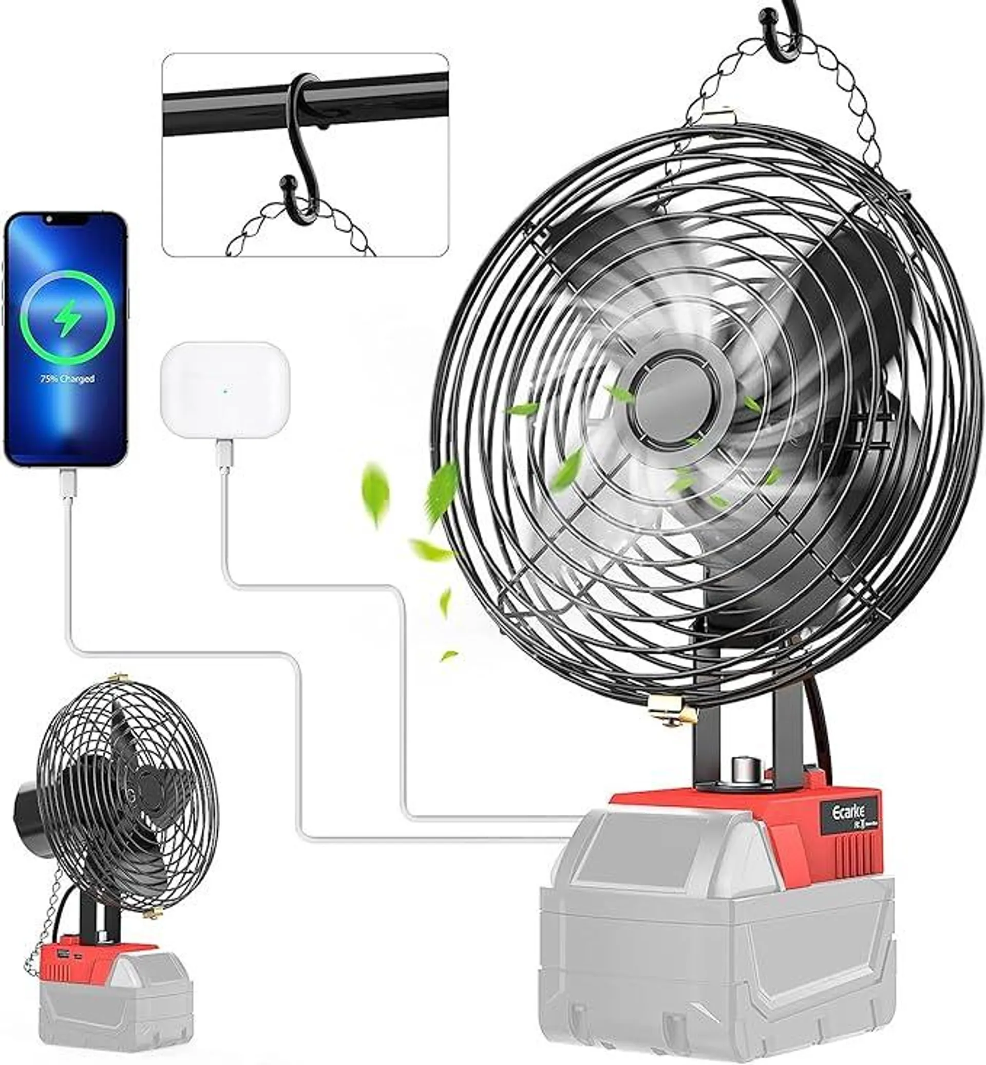 Ecarke Portable Cordless Fan for Milwaukee 18V m18 Battery,20W 3500RPM Brushless Motor Fan with Low Voltage Protection,USB&Type-C Charging Port for Industrial,Outdoor,Construction Site, Cooling