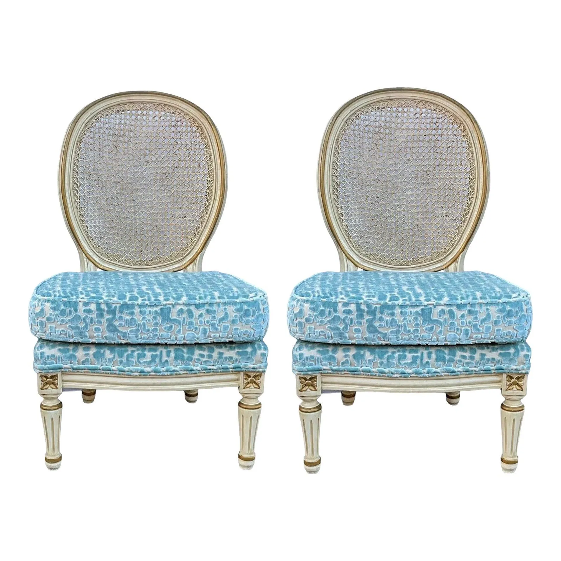 Hollywood Regency Era French Style Painted and Gilded Slipper Chairs in Cut Velvet -Pair