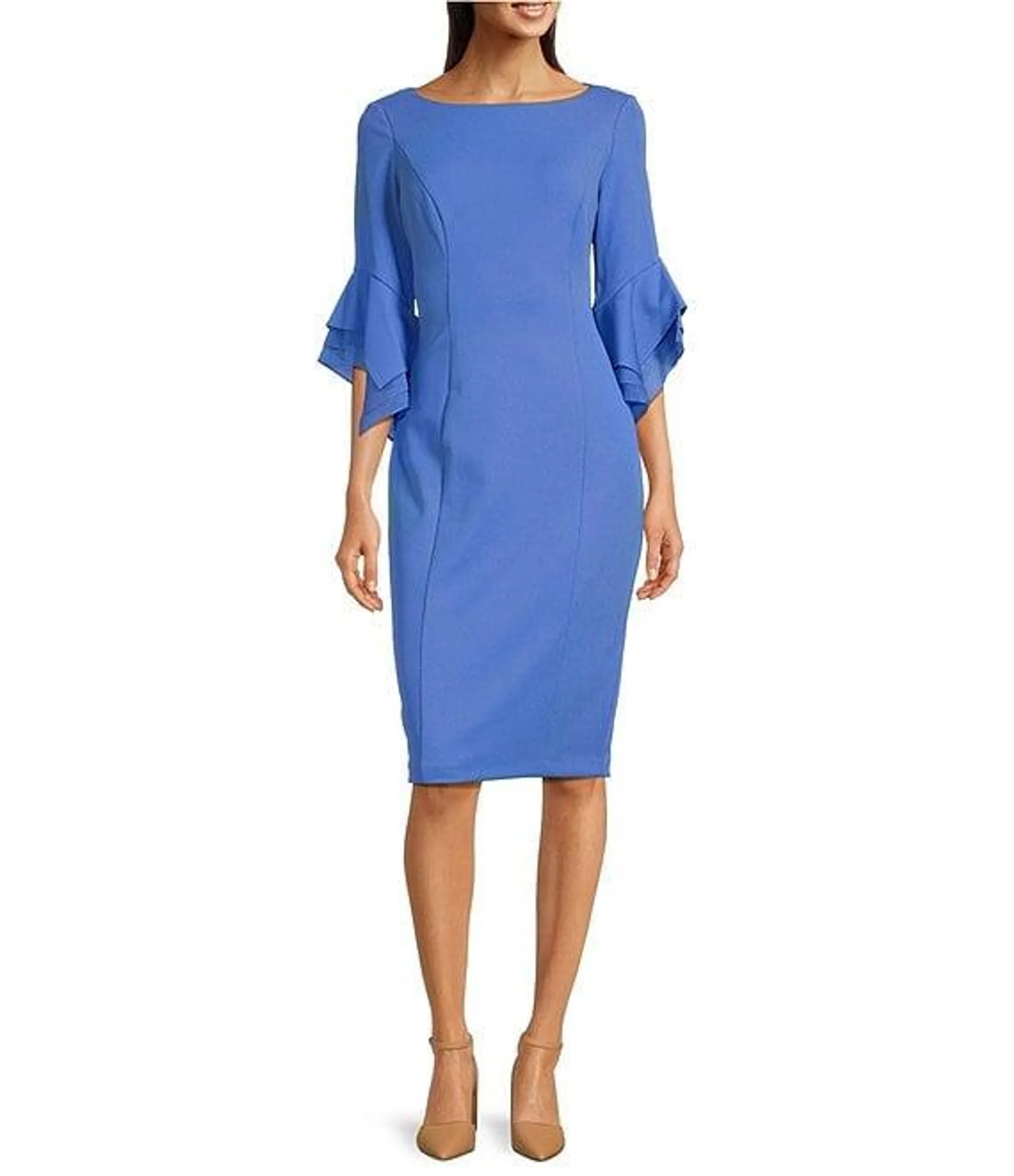 Stretch Crepe 3/4 Bell Sleeve Boat Neck Sheath Dress