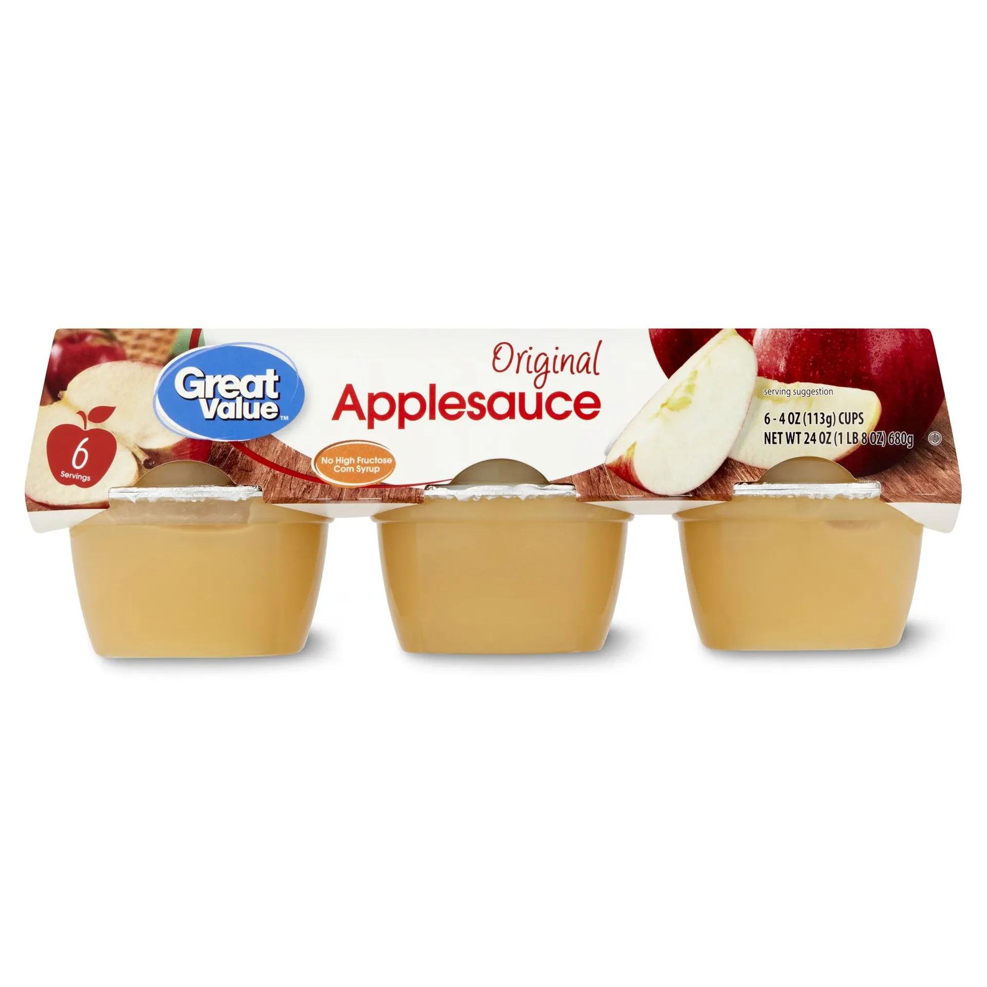 Great Value Original Applesauce, 4 oz, 6 Count