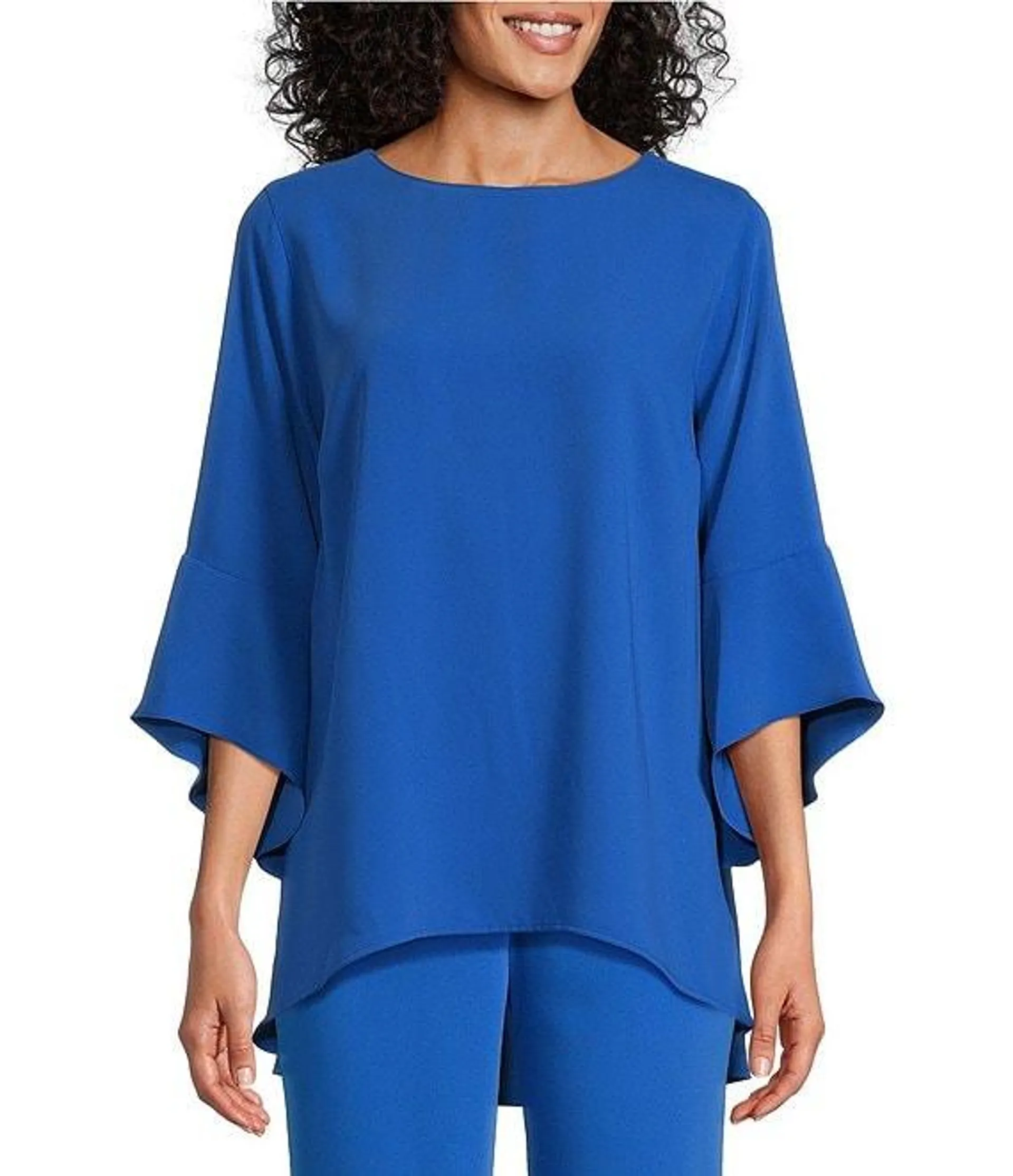 Julia Matte Crepe Crew Neck 3/4 Ruffled Sleeve High-Low Hem Top