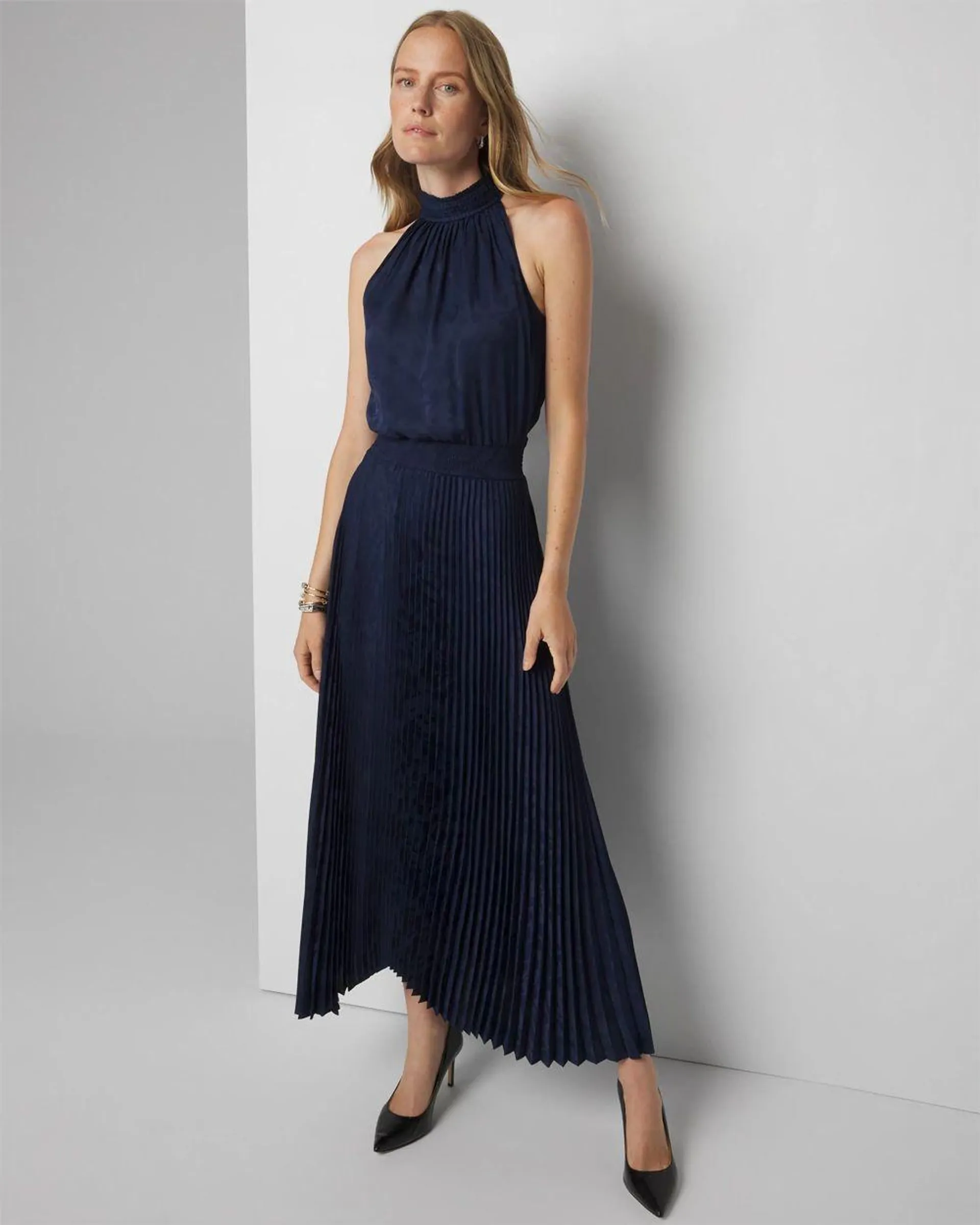 Sleeveless Pleated Halter Midi Dress