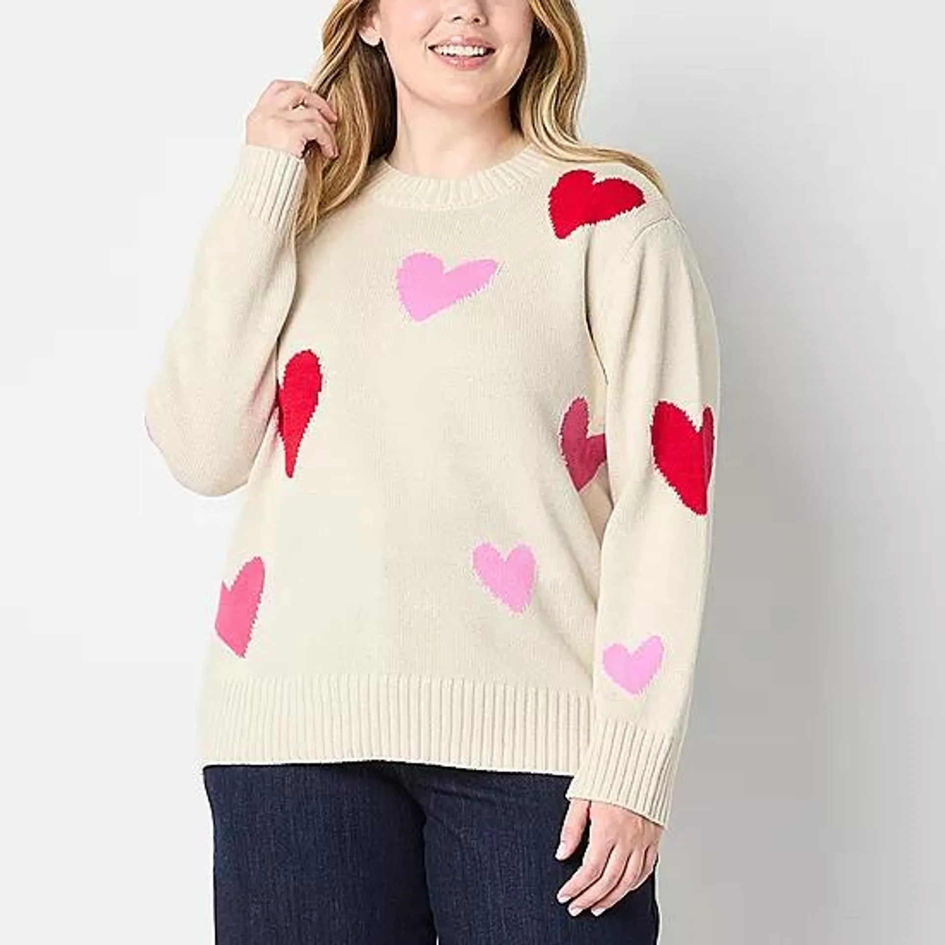 new! St. John's Bay Plus Womens Crew Neck Long Sleeve Hearts Pullover Sweater