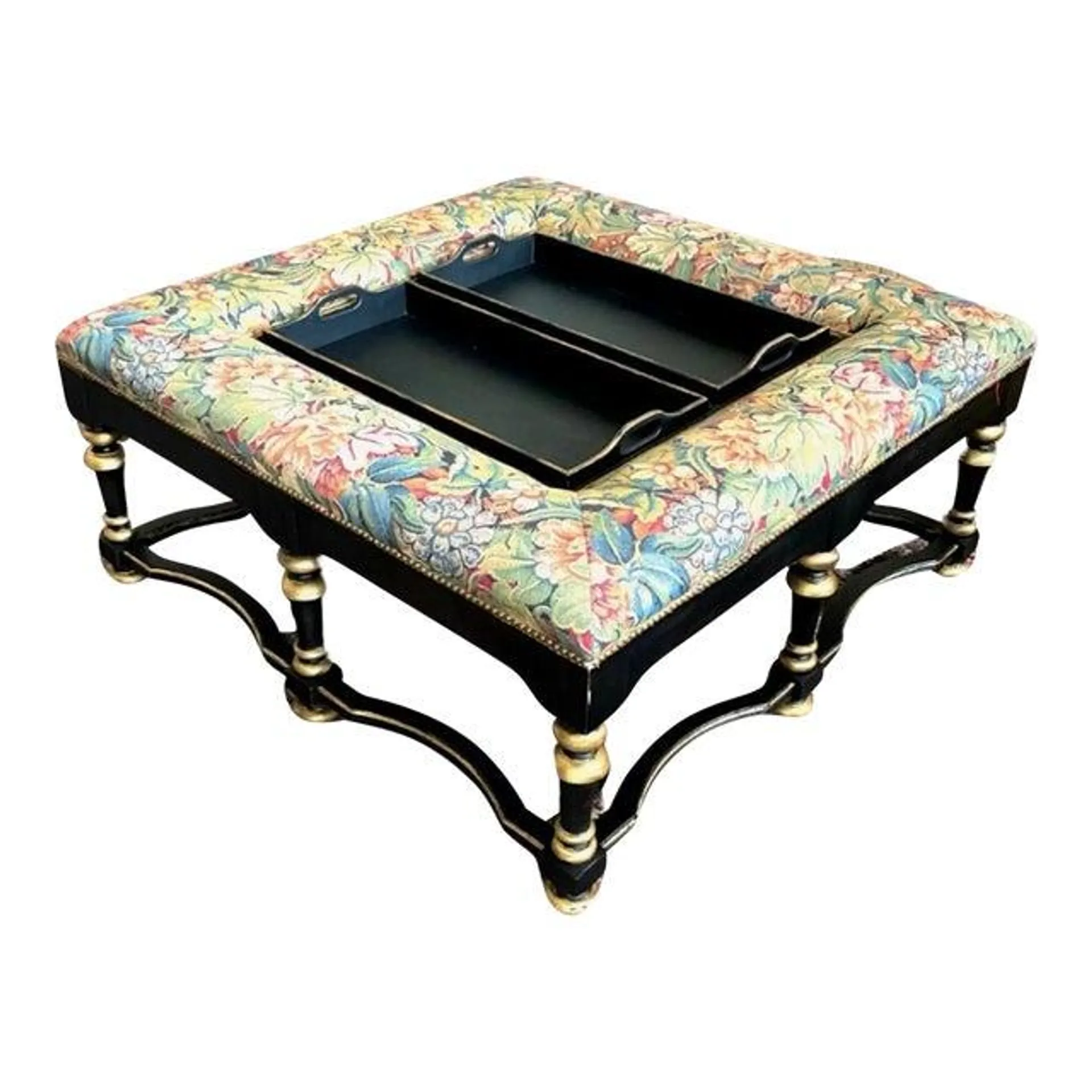 Grand Upholstered Coffee Table / Ottoman With Serving Trays