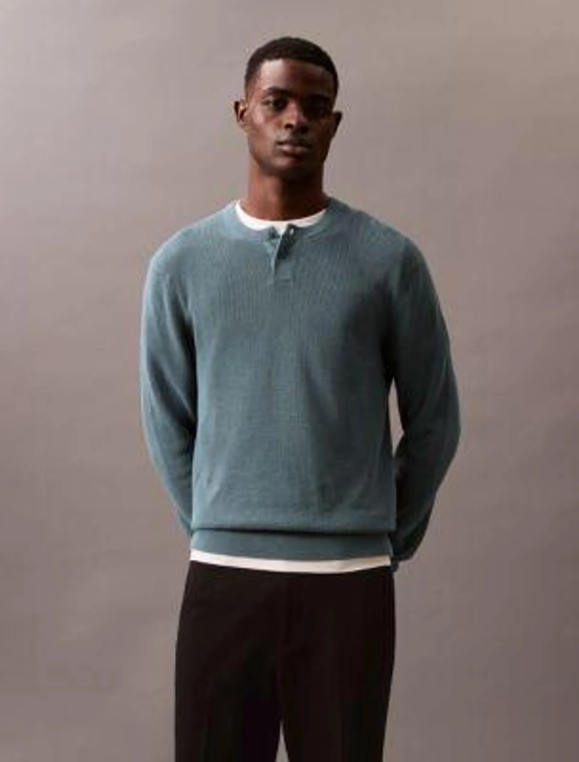 Smooth Cotton Waffle Henley Sweater