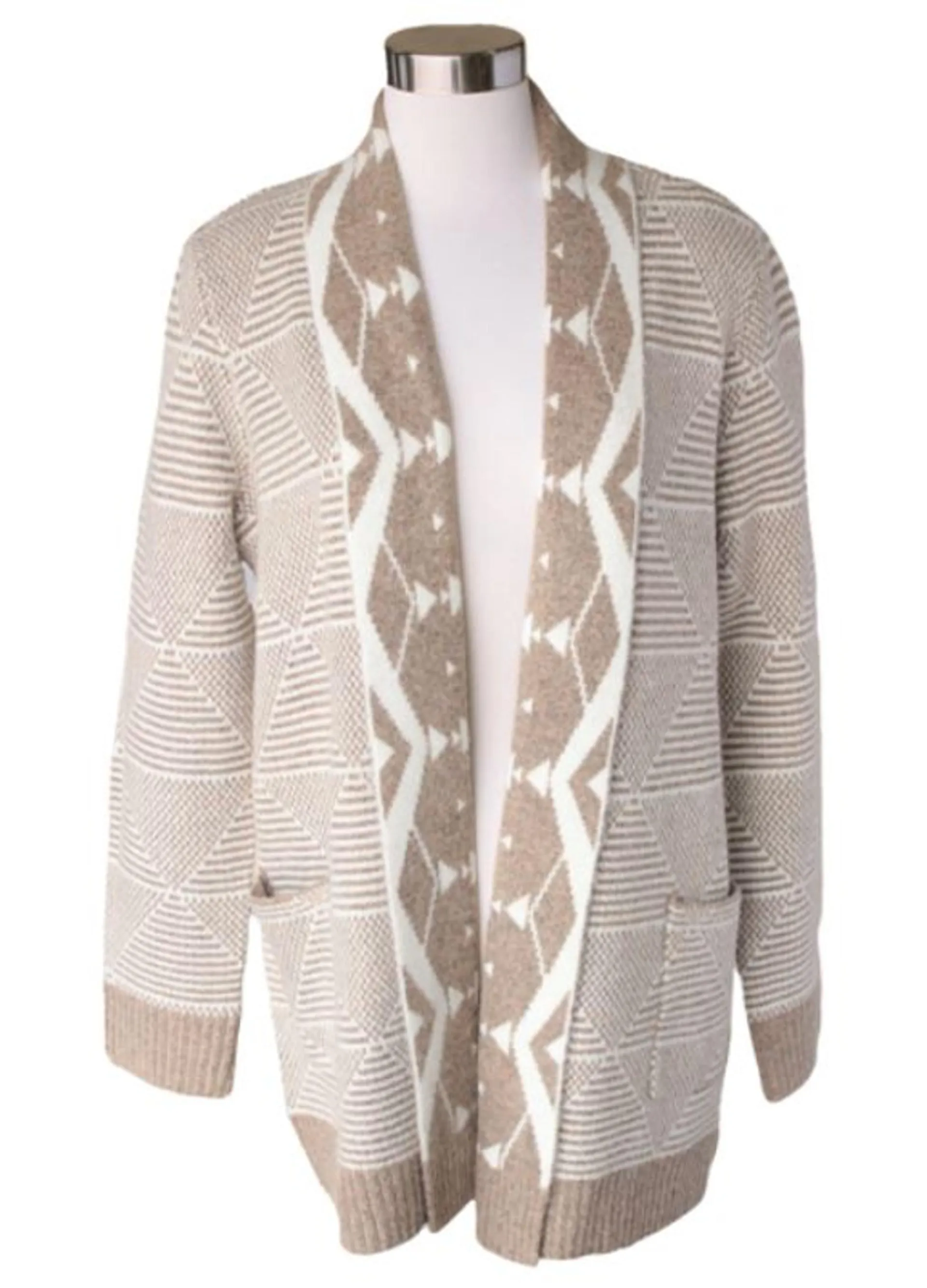 Keren Hart Women's Taupe/Ivory Aztec Geo Open Front Long Sleeve Shawl Cardigan