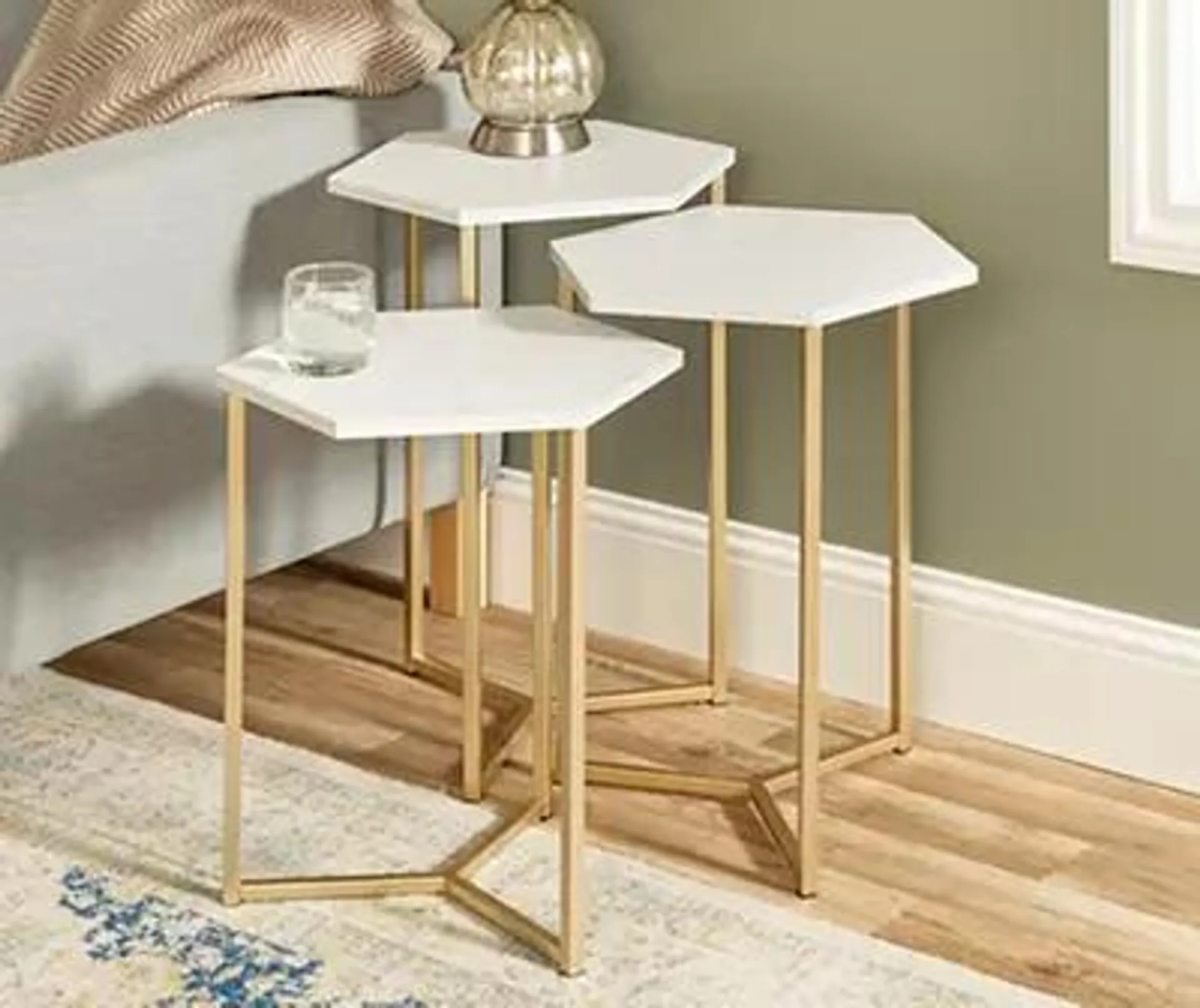 Faux White Marble & Gold 3-Piece Hexagonal Nesting Table Set