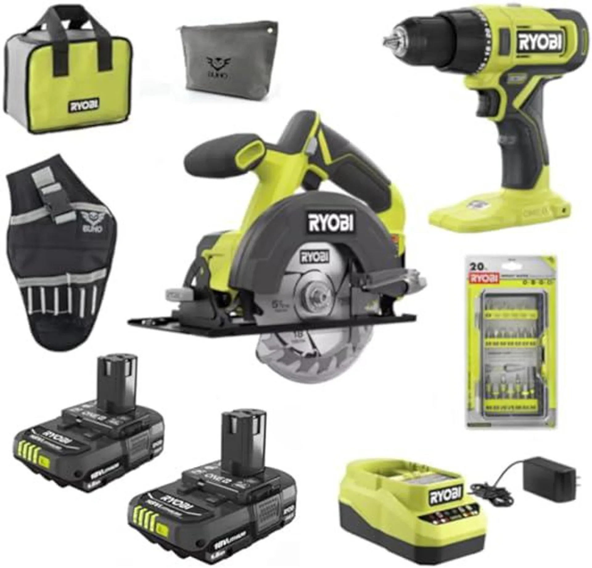 18-Volt Cordless 2-Tool Combo Bundle with Ryobi Drill & Circular Saw, (2) 1.5 Ah Batteries, Charger, Tool Bag, Impact Rated 20 Piece Drill Bit Set, Plus Buho Drill Holster and Buho Zipper Tool Pouch