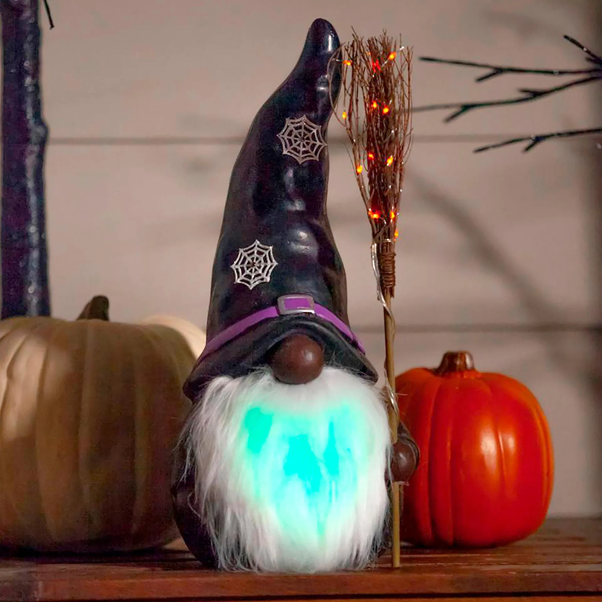 Lighted Witch Gnome Statue with Spiderweb Hat